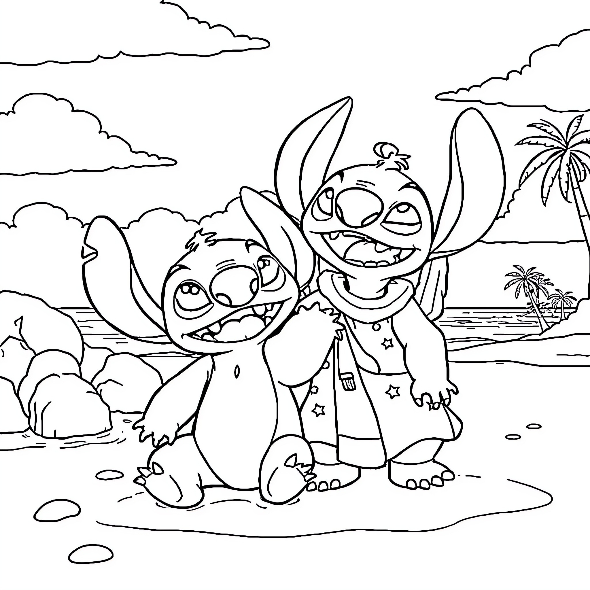 Lilo and Stitch playing on the beach Coloring Page (free black-and-white line drawing printable PDF for all, from beginners to advanced learners, including children, teens, adults, and seniors)