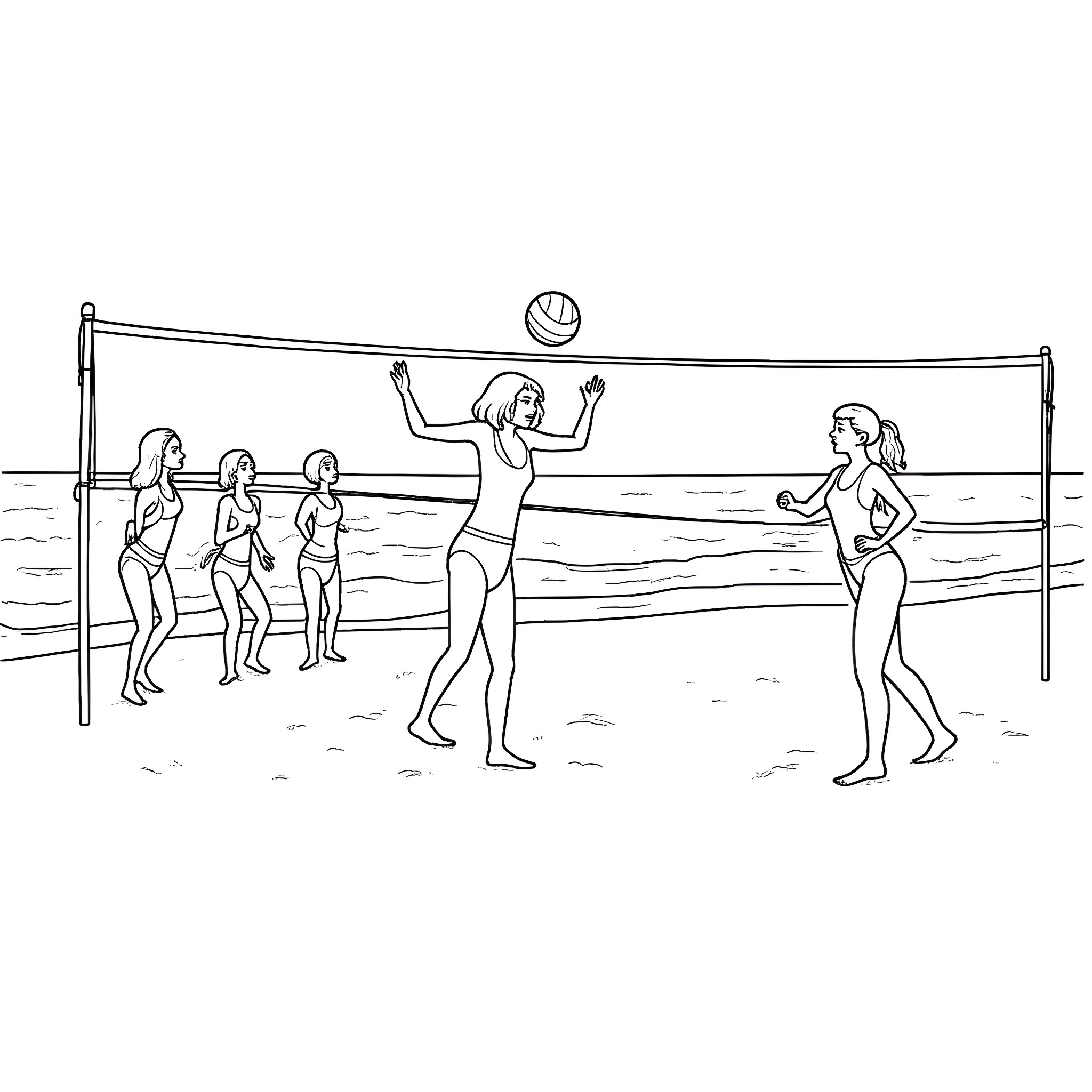 Taylor Swift playing beach volleyball with friends Coloring Page (free black-and-white line drawing printable PDF for all, from beginners to advanced learners, including children, teens, adults, and seniors)