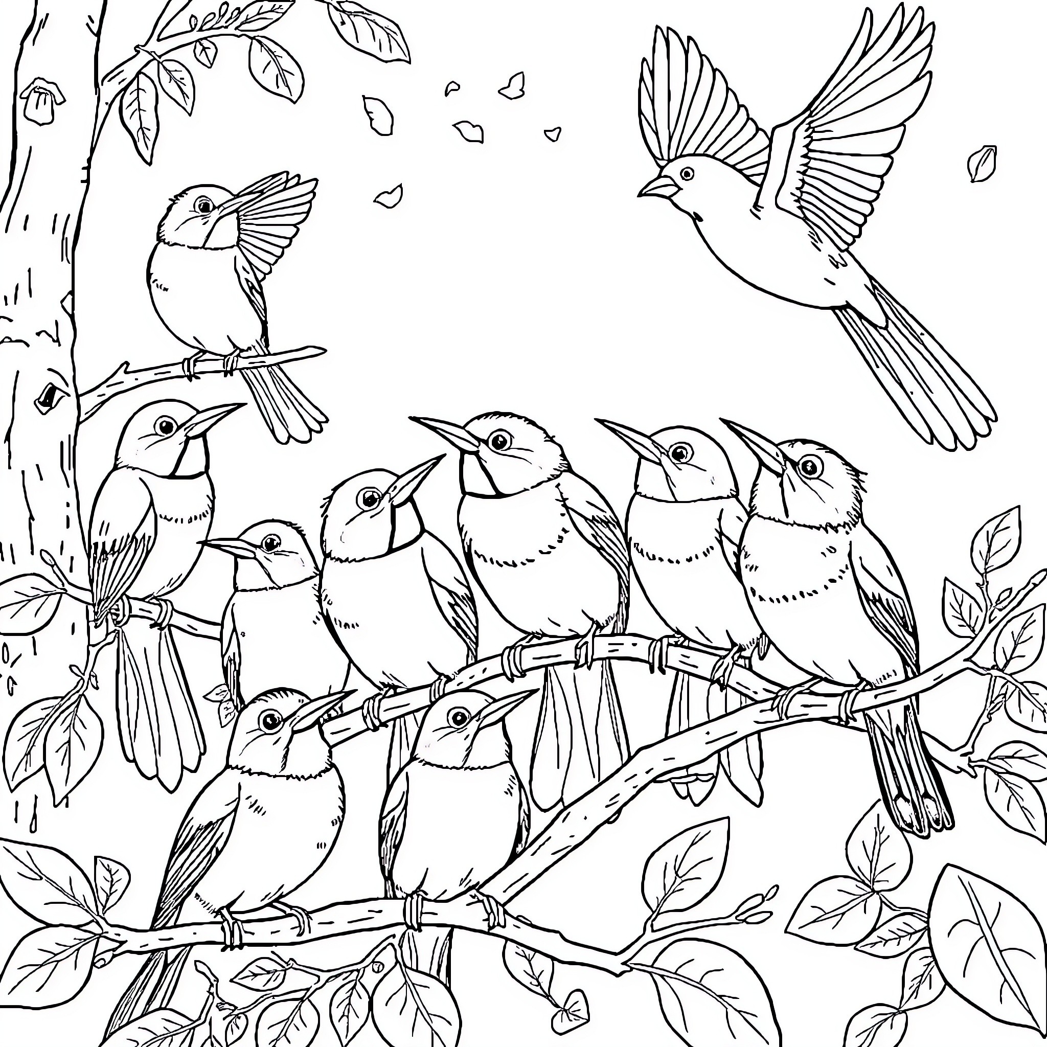 Birds gathering on branches in a lush forest Coloring Page (free black-and-white line drawing printable PDF for all, from beginners to advanced learners, including children, teens, adults, and seniors)