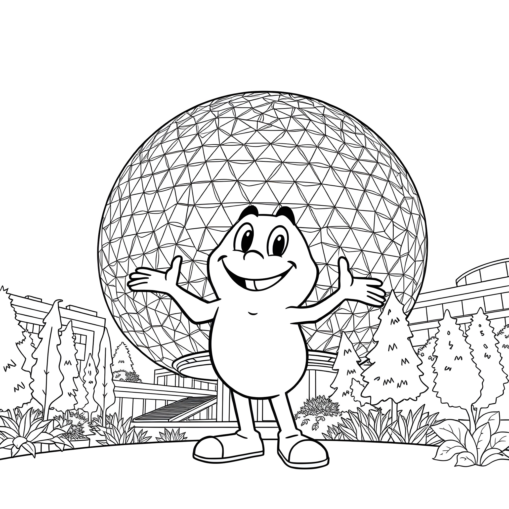 Peccy waving cheerfully in front of a large geodesic dome Coloring Page (free black-and-white line drawing printable PDF for all, from beginners to advanced learners, including children, teens, adults, and seniors)
