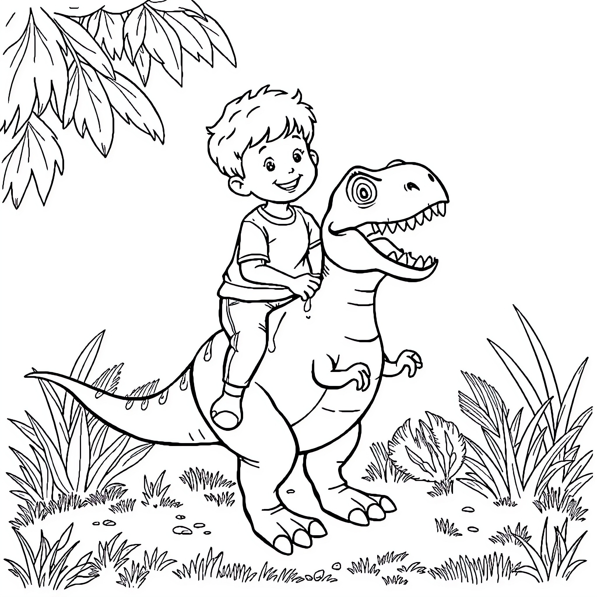 Boy playing with friendly dinosaur in the jungle Coloring Page (free black-and-white line drawing printable PDF for all, from beginners to advanced learners, including children, teens, adults, and seniors)