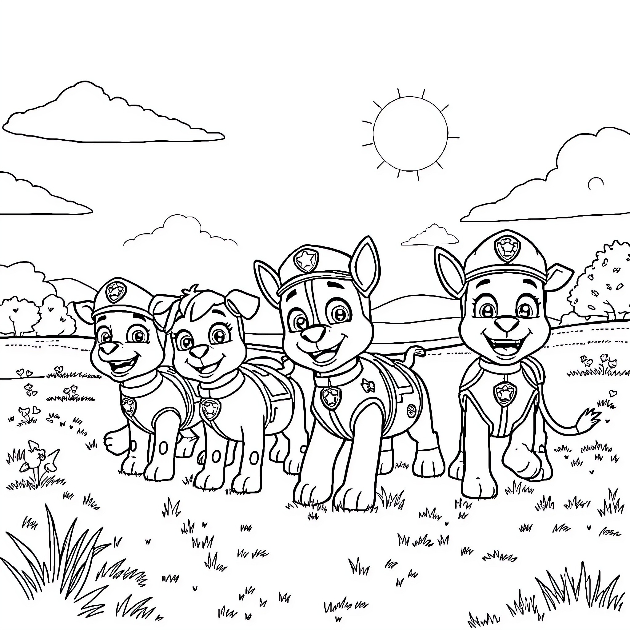 Paw Patrol team exploring the outdoors Coloring Page (free black-and-white line drawing printable PDF for all, from beginners to advanced learners, including children, teens, adults, and seniors)