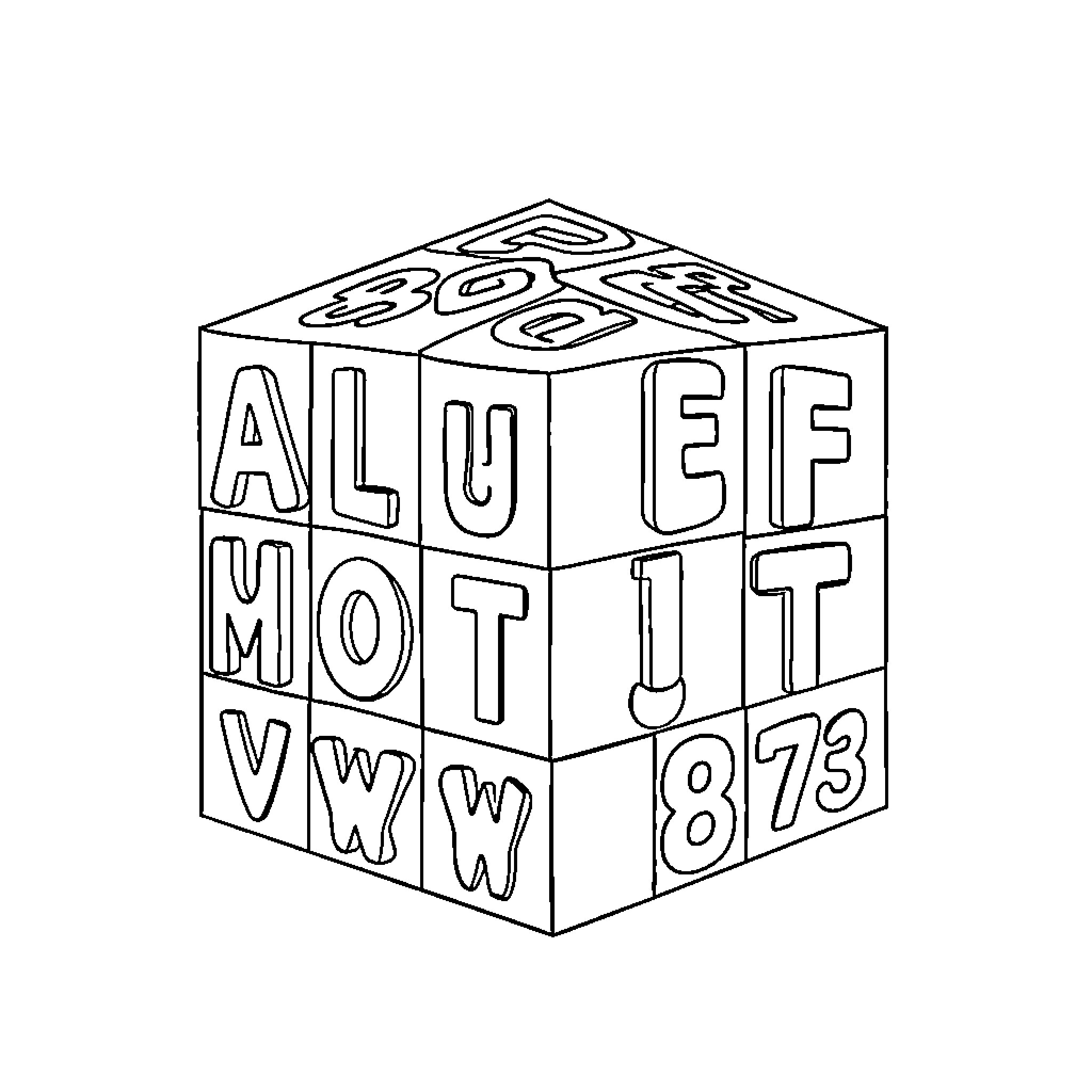 Alphabet and Number Puzzle Cube Coloring Page (free black-and-white line drawing printable PDF for all, from beginners to advanced learners, including children, teens, adults, and seniors)