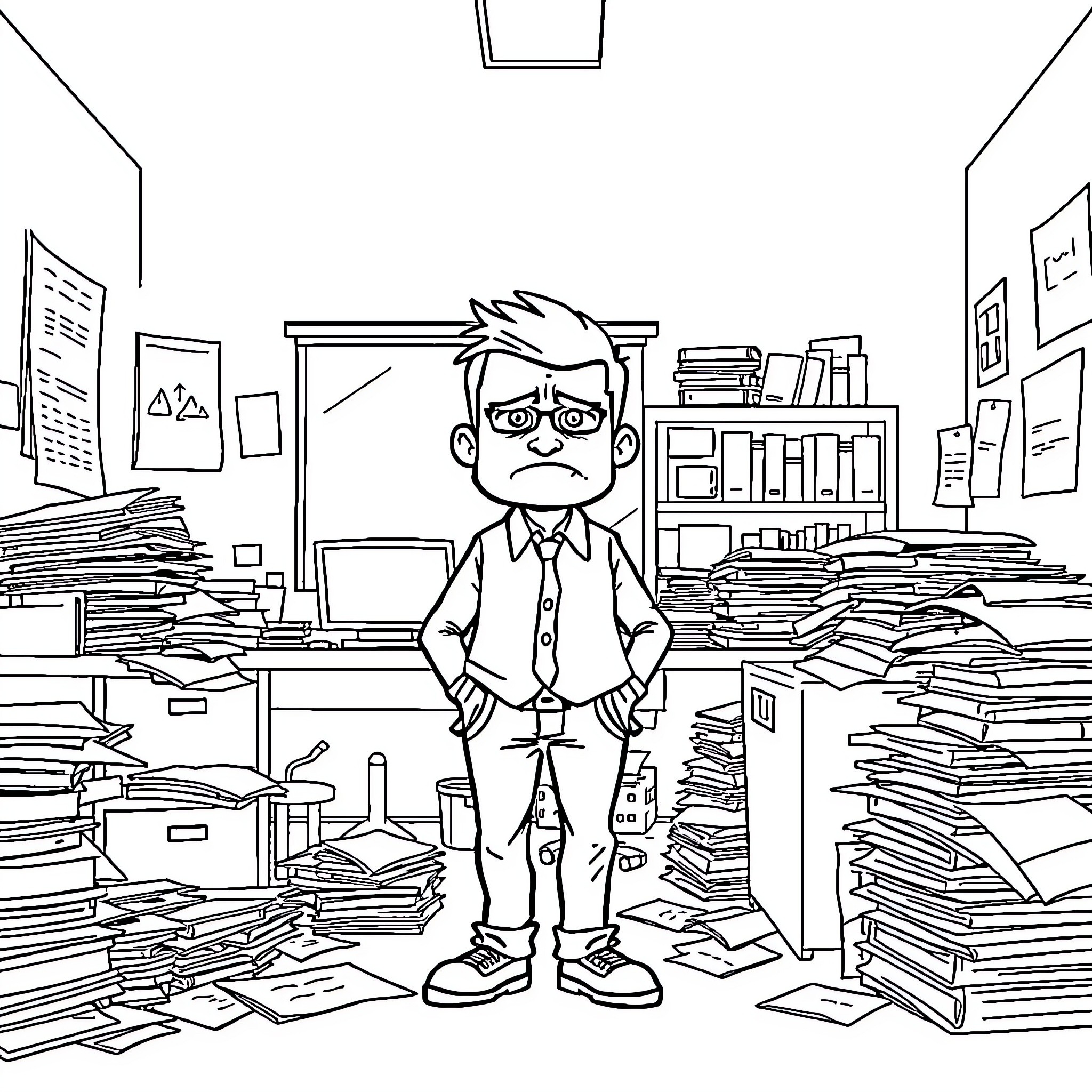 Person in messy office surrounded by clutter Coloring Page (free black-and-white line drawing printable PDF for all, from beginners to advanced learners, including children, teens, adults, and seniors)