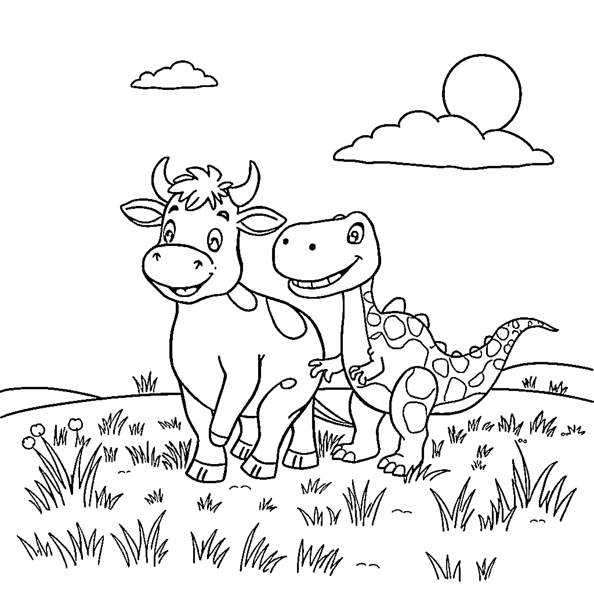 Cow and dinosaur friends explore the countryside Coloring Page (free black-and-white line drawing printable PDF for all, from beginners to advanced learners, including children, teens, adults, and seniors)