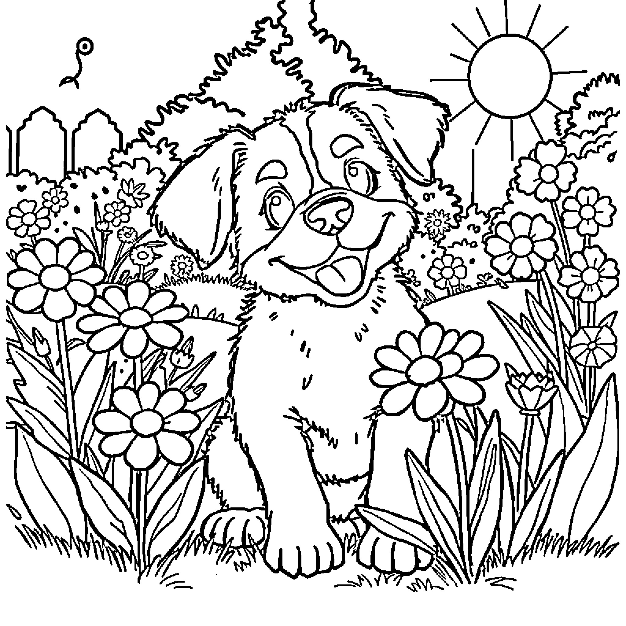 Dog playing in a colorful garden Coloring Page (free black-and-white line drawing printable PDF for all, from beginners to advanced learners, including children, teens, adults, and seniors)
