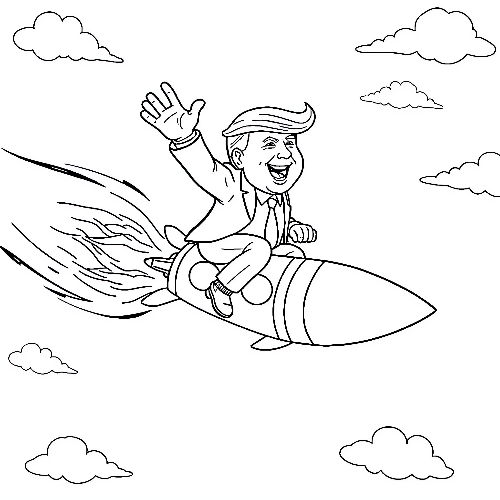 Trump riding a missile through the sky Coloring Page (free black-and-white line drawing printable PDF for all, from beginners to advanced learners, including children, teens, adults, and seniors)