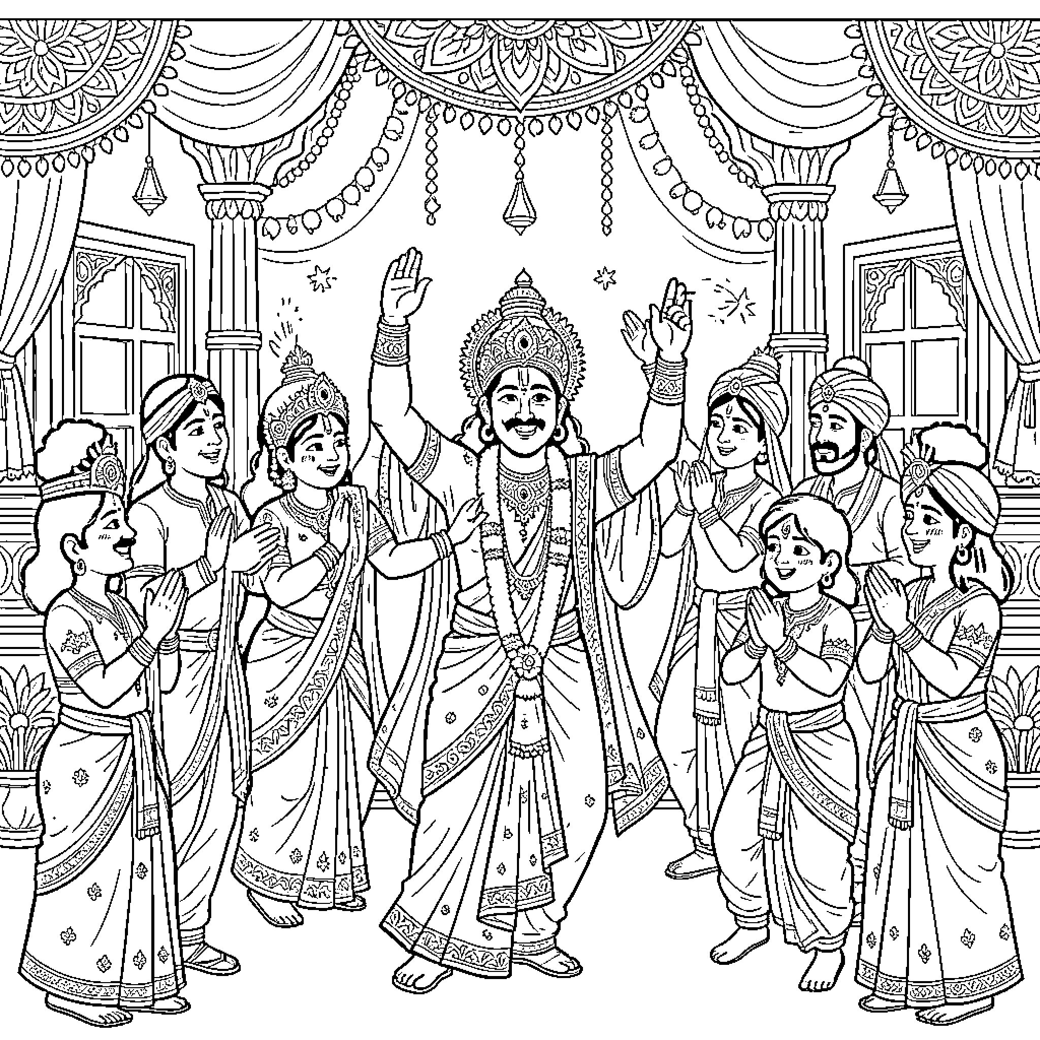 Matha Ji dancing joyfully among a group of devotees Coloring Page (free black-and-white line drawing printable PDF for all, from beginners to advanced learners, including children, teens, adults, and seniors)