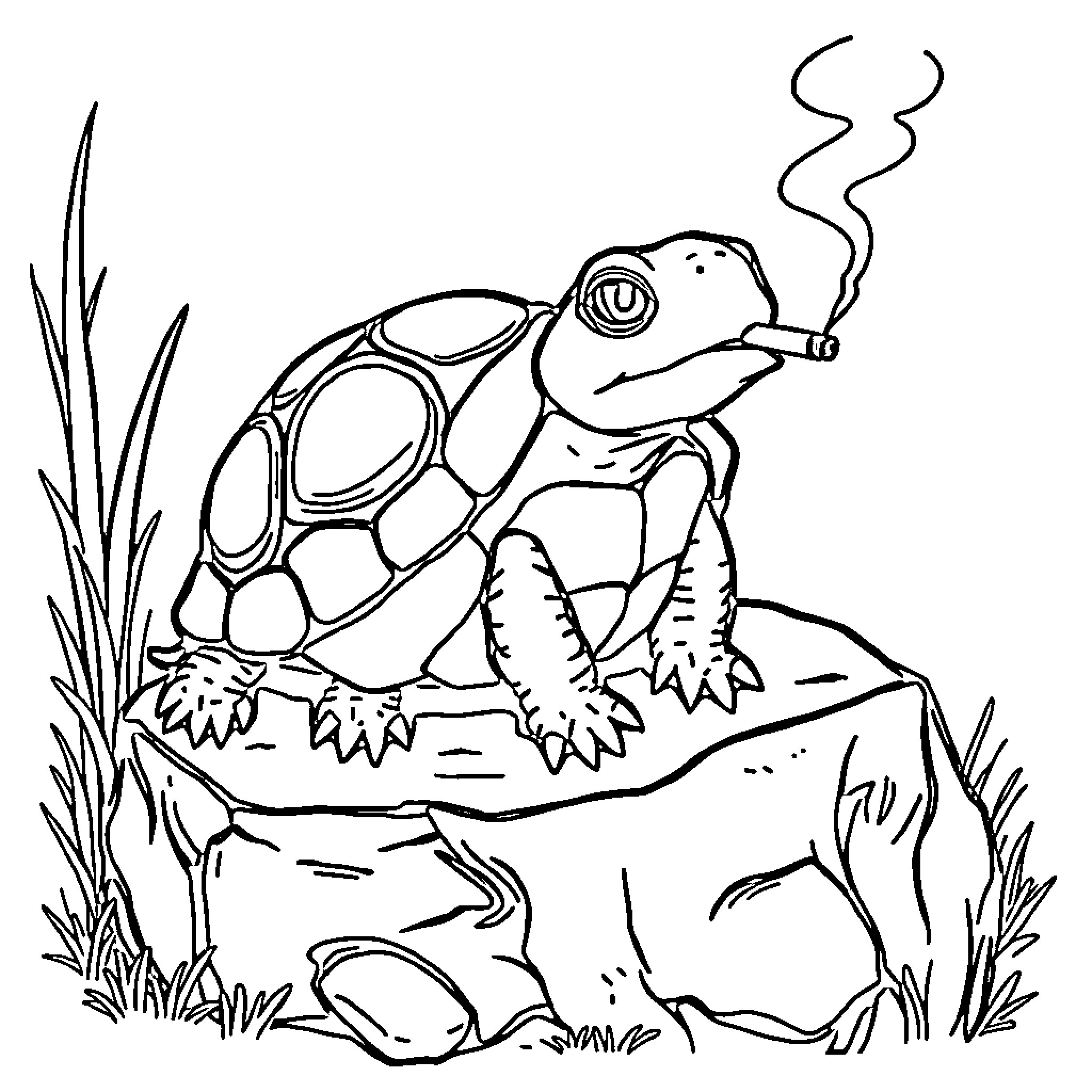 Turtle relaxing on a rock and smoking Coloring Page (free black-and-white line drawing printable PDF for all, from beginners to advanced learners, including children, teens, adults, and seniors)