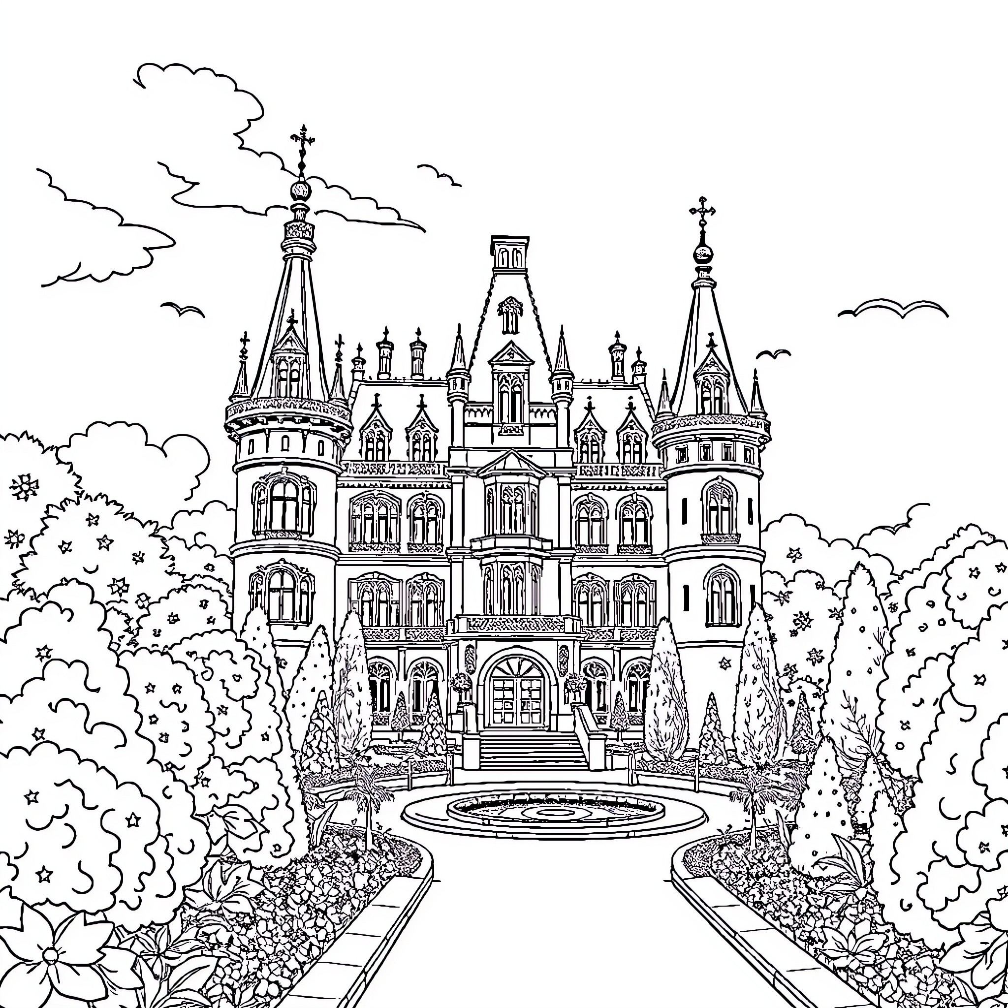 Château of Grandeur and Splendor Coloring Page (free black-and-white line drawing printable PDF for all, from beginners to advanced learners, including children, teens, adults, and seniors)