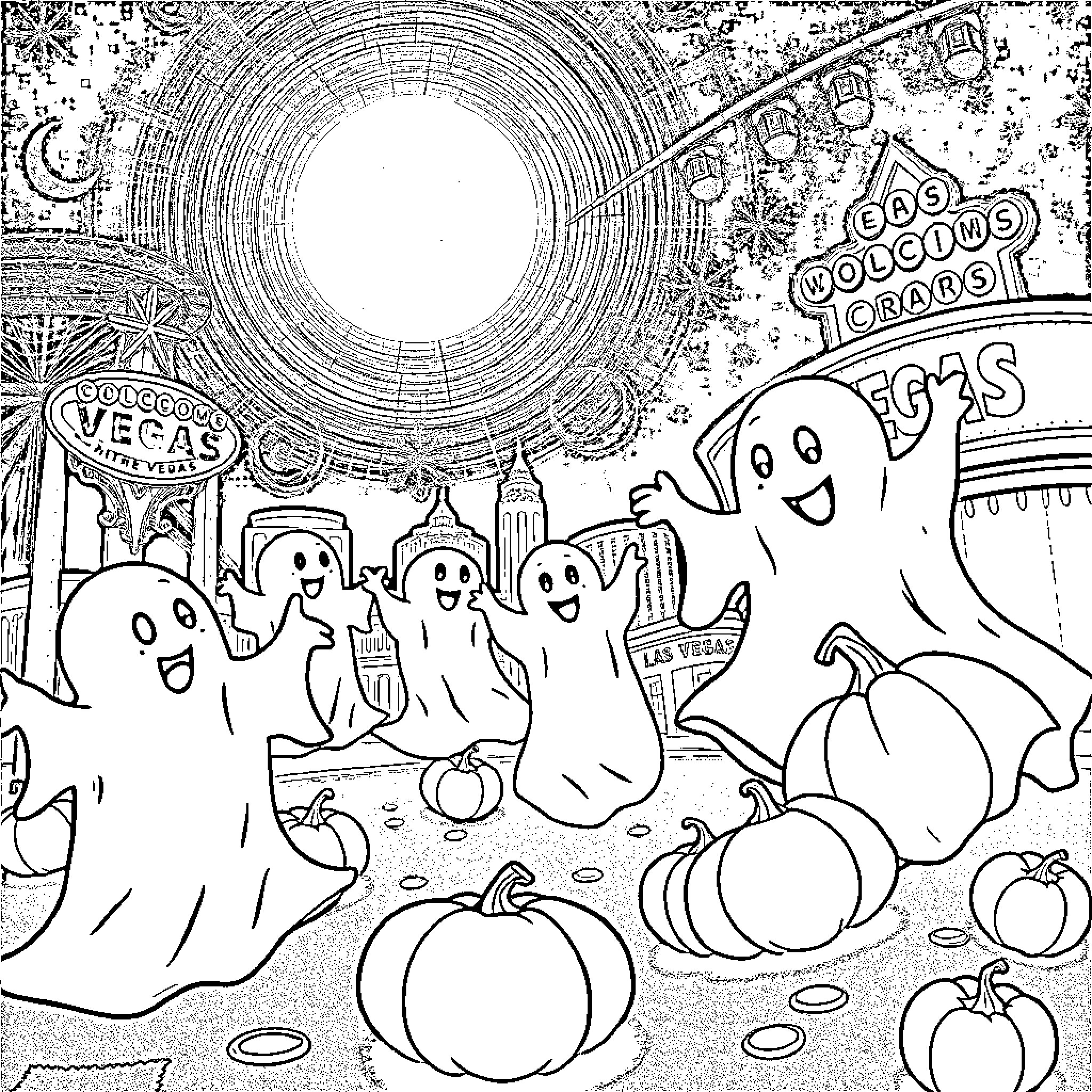 Pumpkins and playful ghosts in spooky Vegas scene Coloring Page (free black-and-white line drawing printable PDF for all, from beginners to advanced learners, including children, teens, adults, and seniors)