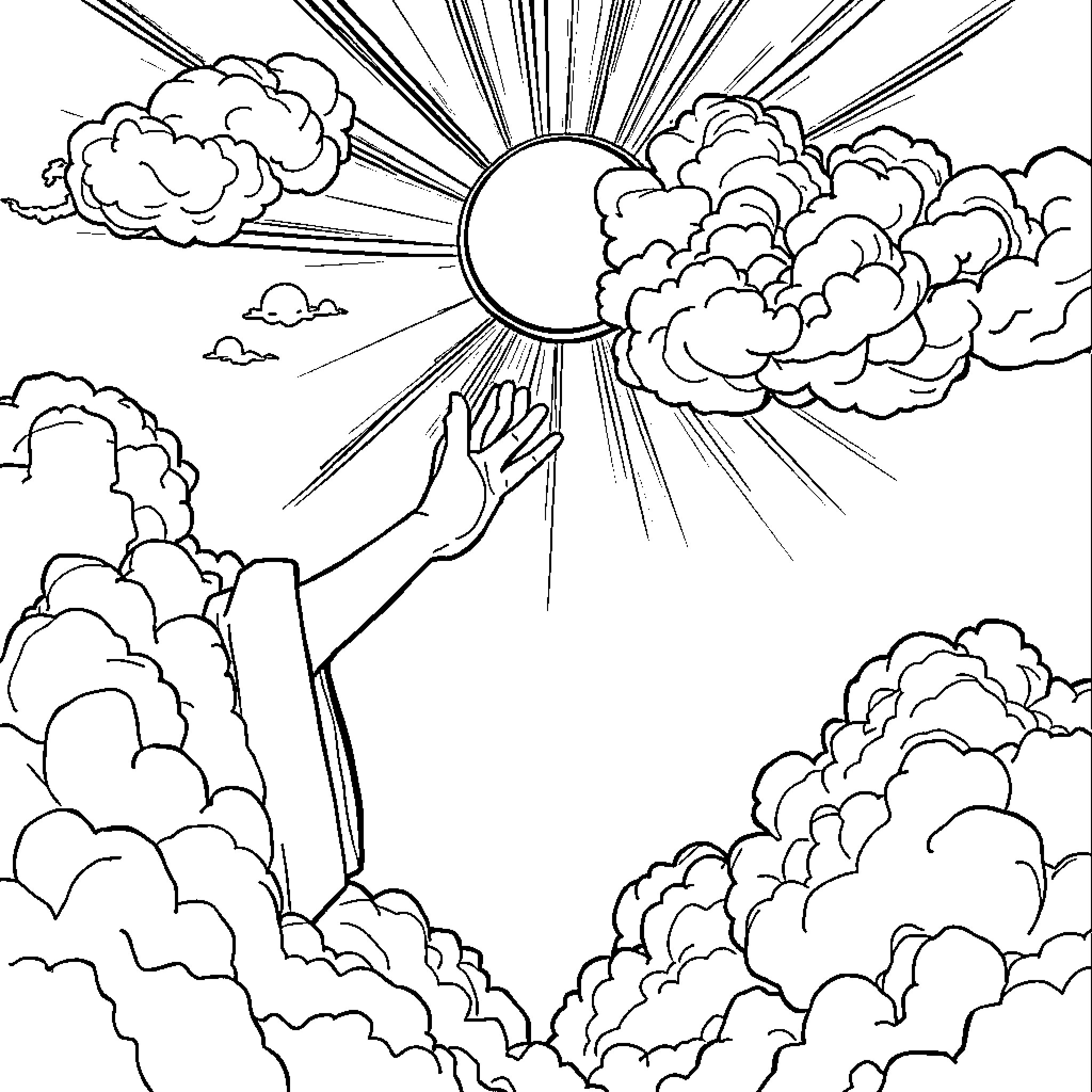 God's Radiant Glory Shines Through the Heavens Coloring Page (free black-and-white line drawing printable PDF for all, from beginners to advanced learners, including children, teens, adults, and seniors)