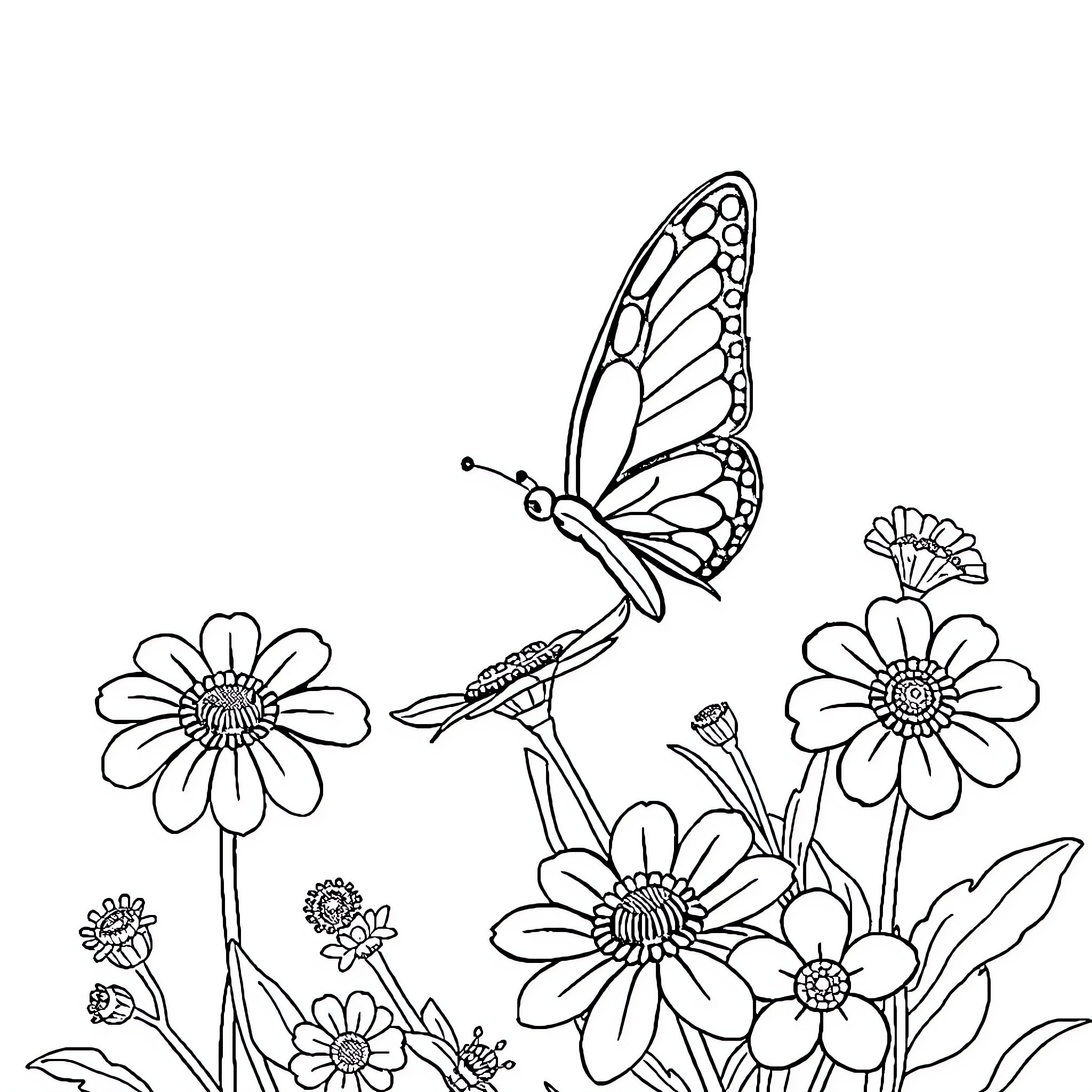 Butterfly soaring amidst vibrant floral garden Coloring Page (free black-and-white line drawing printable PDF for all, from beginners to advanced learners, including children, teens, adults, and seniors)