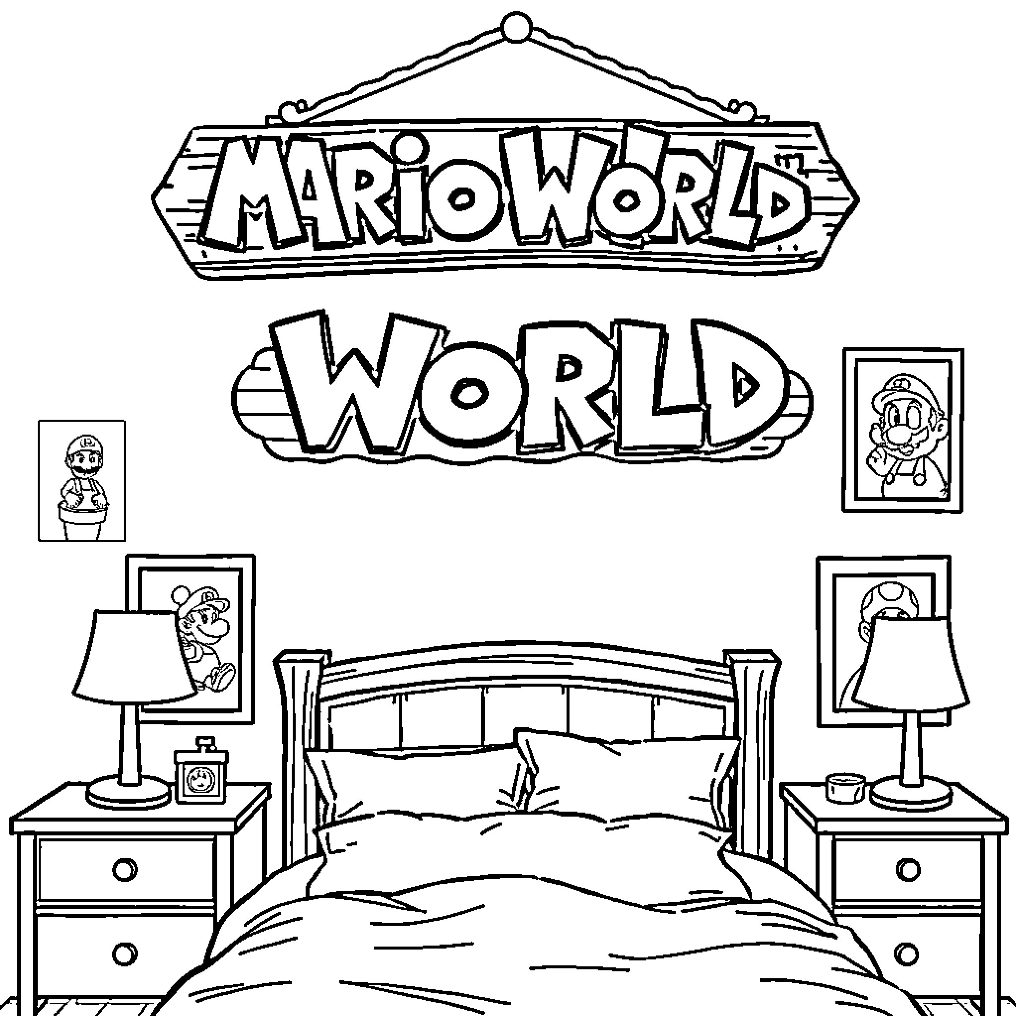 Mario's Whimsical World Decor Coloring Page (free black-and-white line drawing printable PDF for all, from beginners to advanced learners, including children, teens, adults, and seniors)