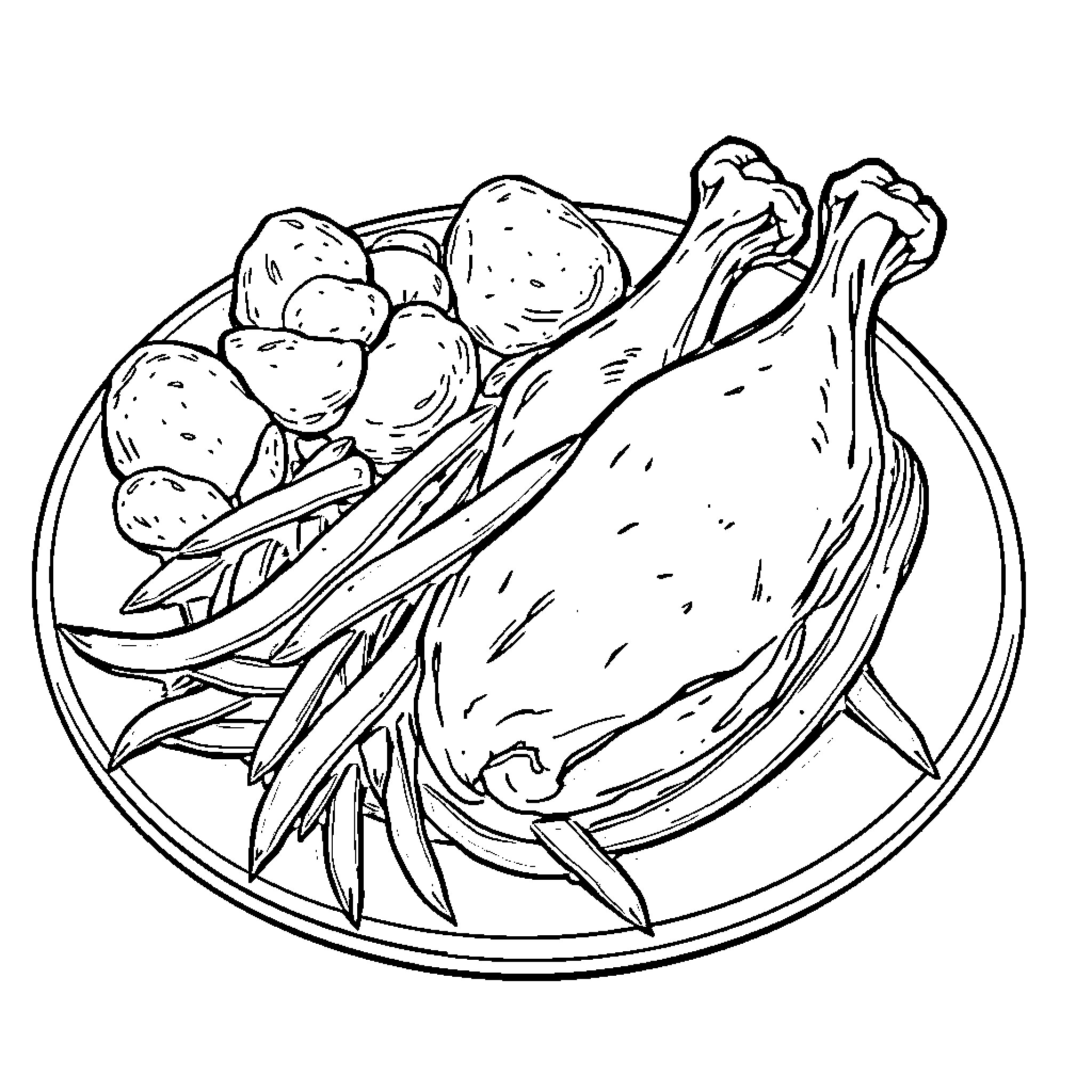 Food platter with cooked chicken and vegetables Coloring Page (free black-and-white line drawing printable PDF for all, from beginners to advanced learners, including children, teens, adults, and seniors)