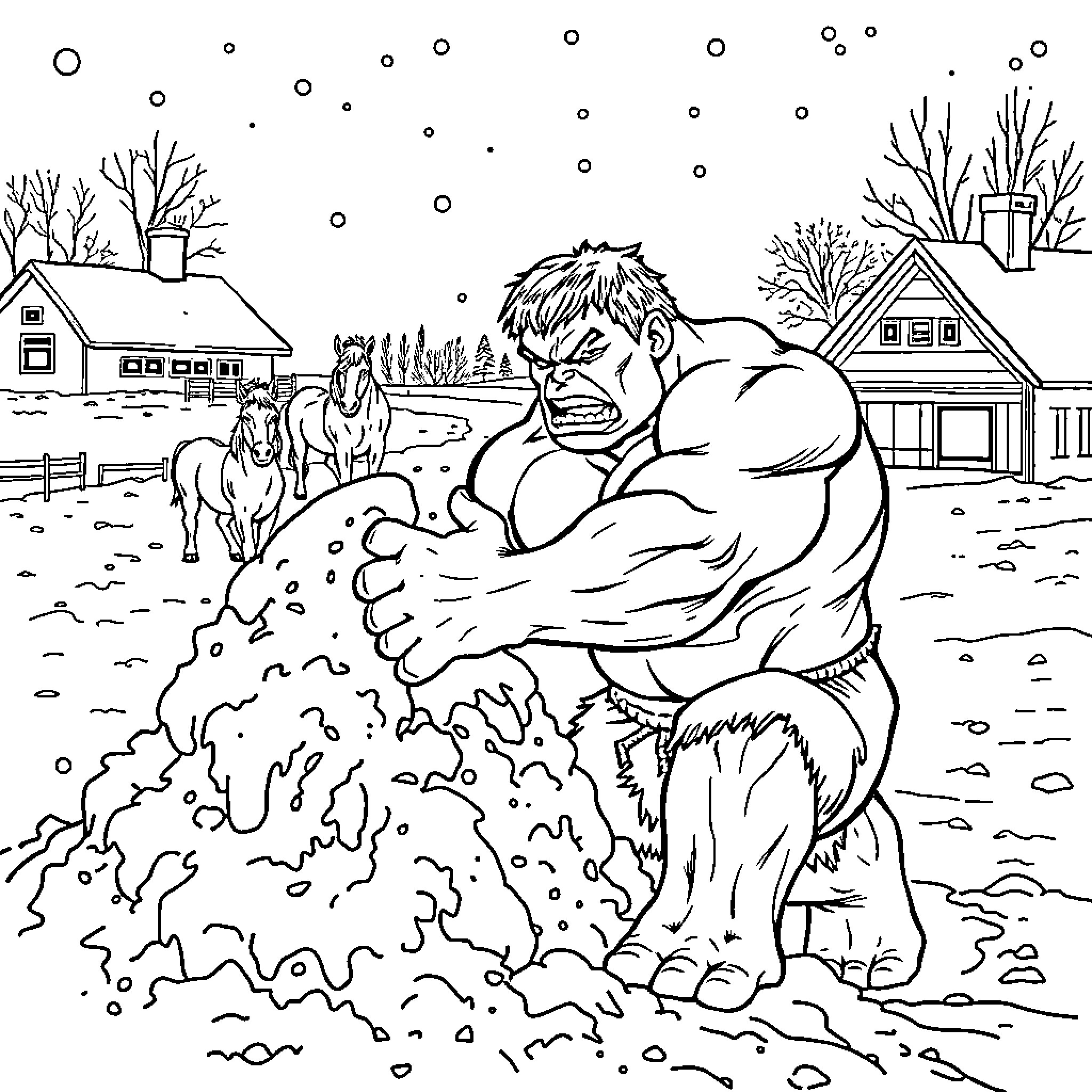 Hulk roaring loudly in a snowy rural landscape Coloring Page (free black-and-white line drawing printable PDF for all, from beginners to advanced learners, including children, teens, adults, and seniors)