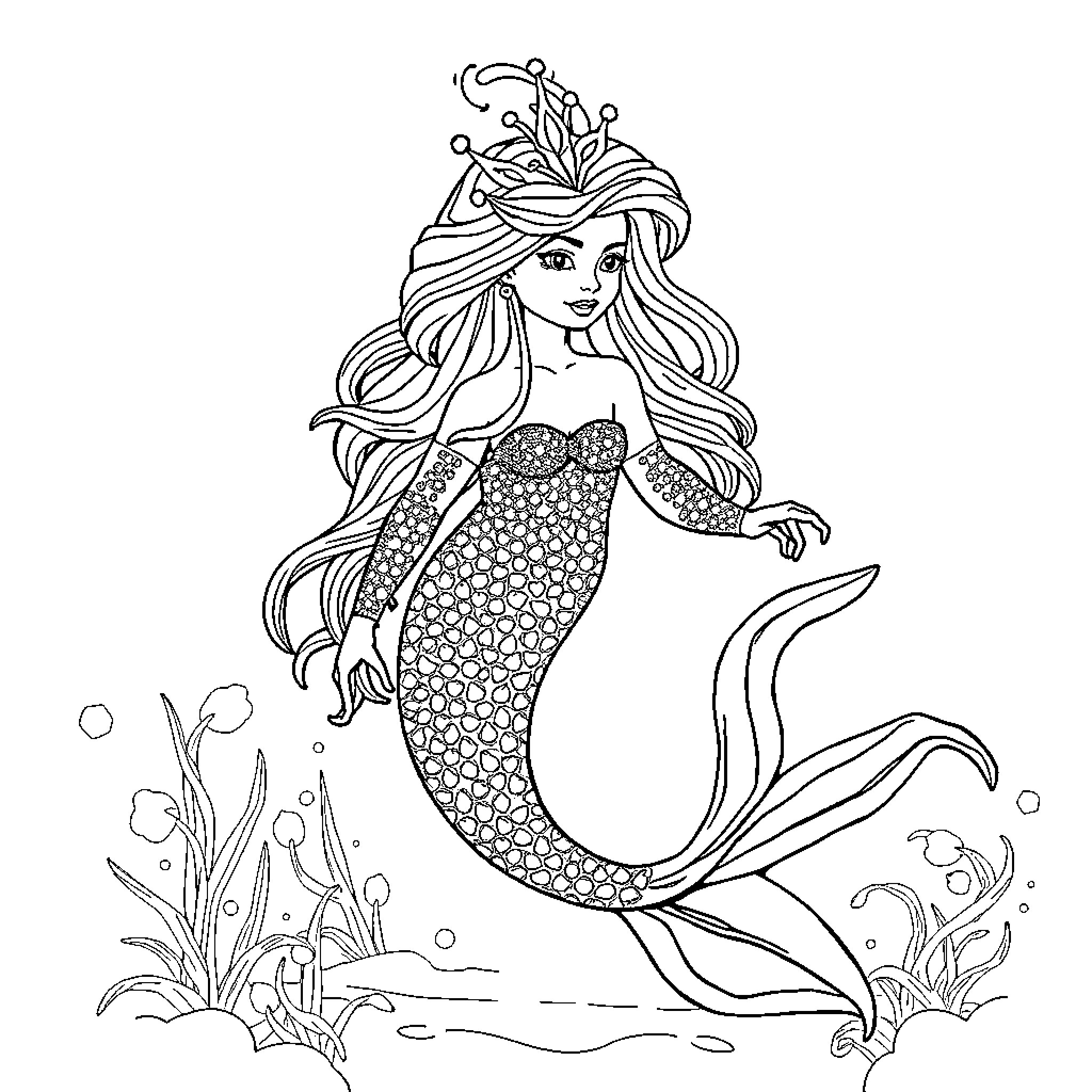 Mermaid with flowing hair swimming gracefully Coloring Page (free black-and-white line drawing printable PDF for all, from beginners to advanced learners, including children, teens, adults, and seniors)