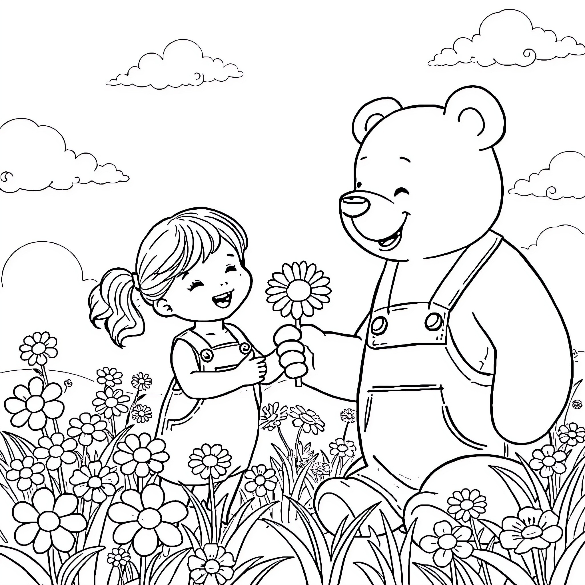 Bear and a Girl Sharing a Flower in a Field Coloring Page (free black-and-white line drawing printable PDF for all, from beginners to advanced learners, including children, teens, adults, and seniors)