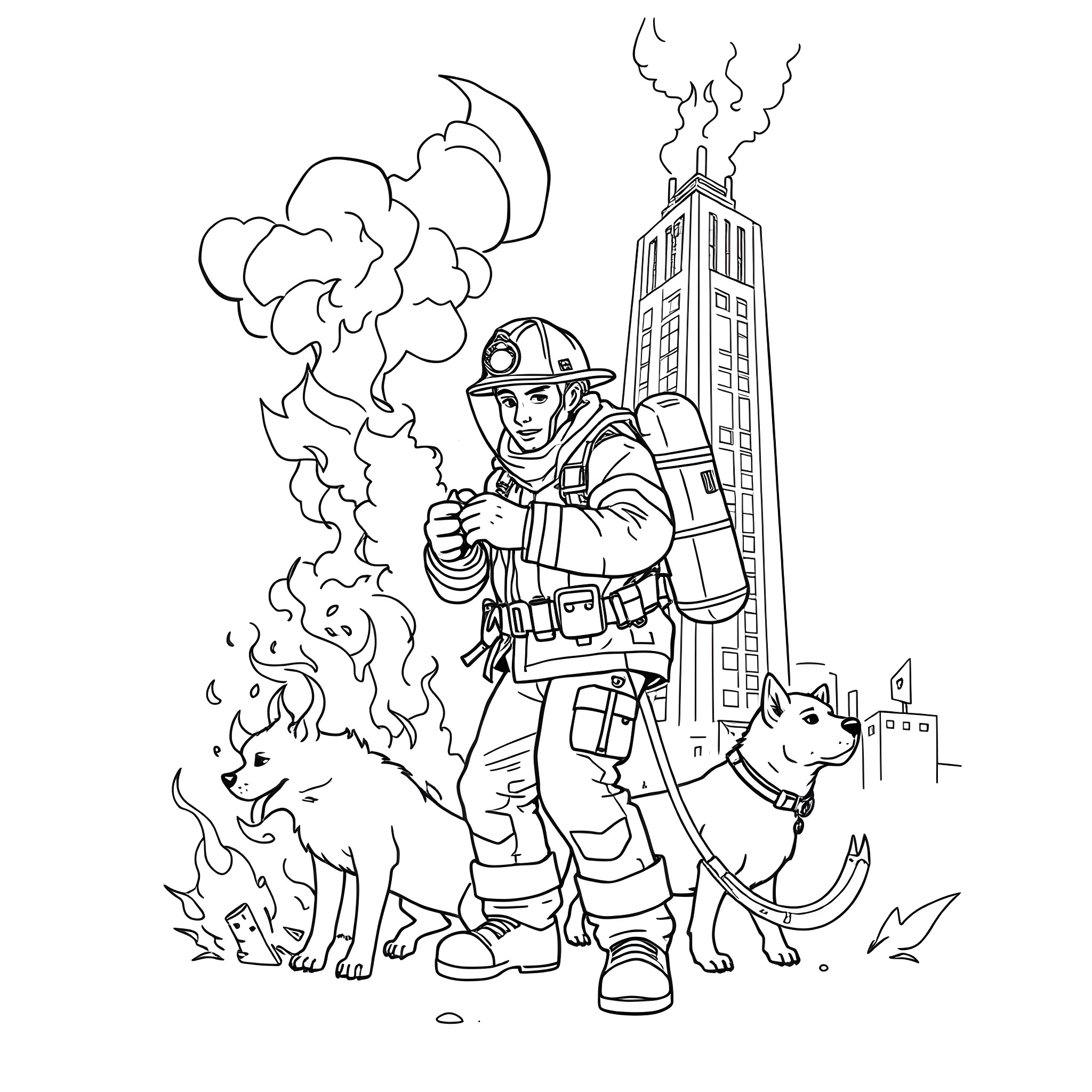 Firefighter rescuing dog from burning building Coloring Page (free black-and-white line drawing printable PDF for all, from beginners to advanced learners, including children, teens, adults, and seniors)