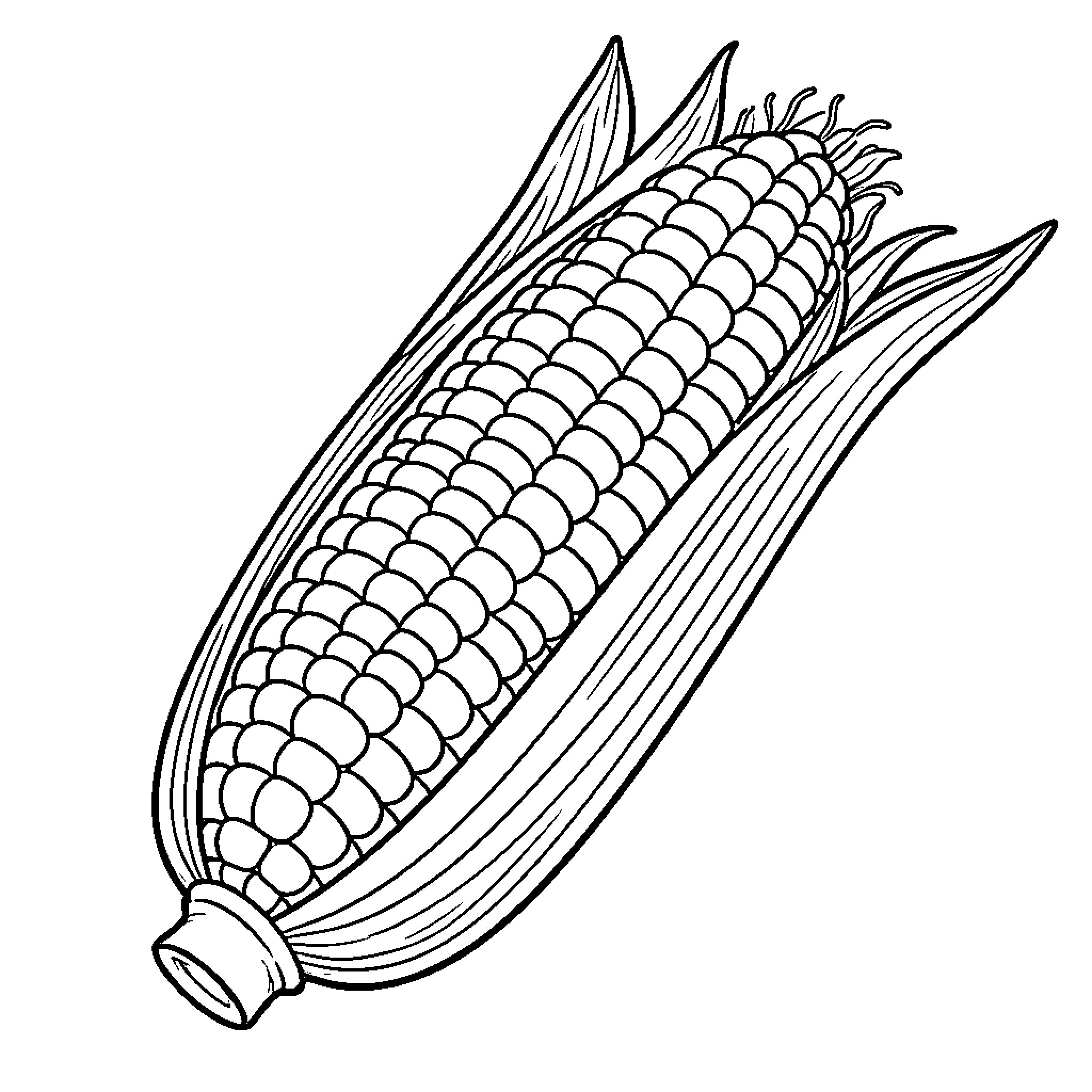 Corn cob with lush foliage Coloring Page (free black-and-white line drawing printable PDF for all, from beginners to advanced learners, including children, teens, adults, and seniors)