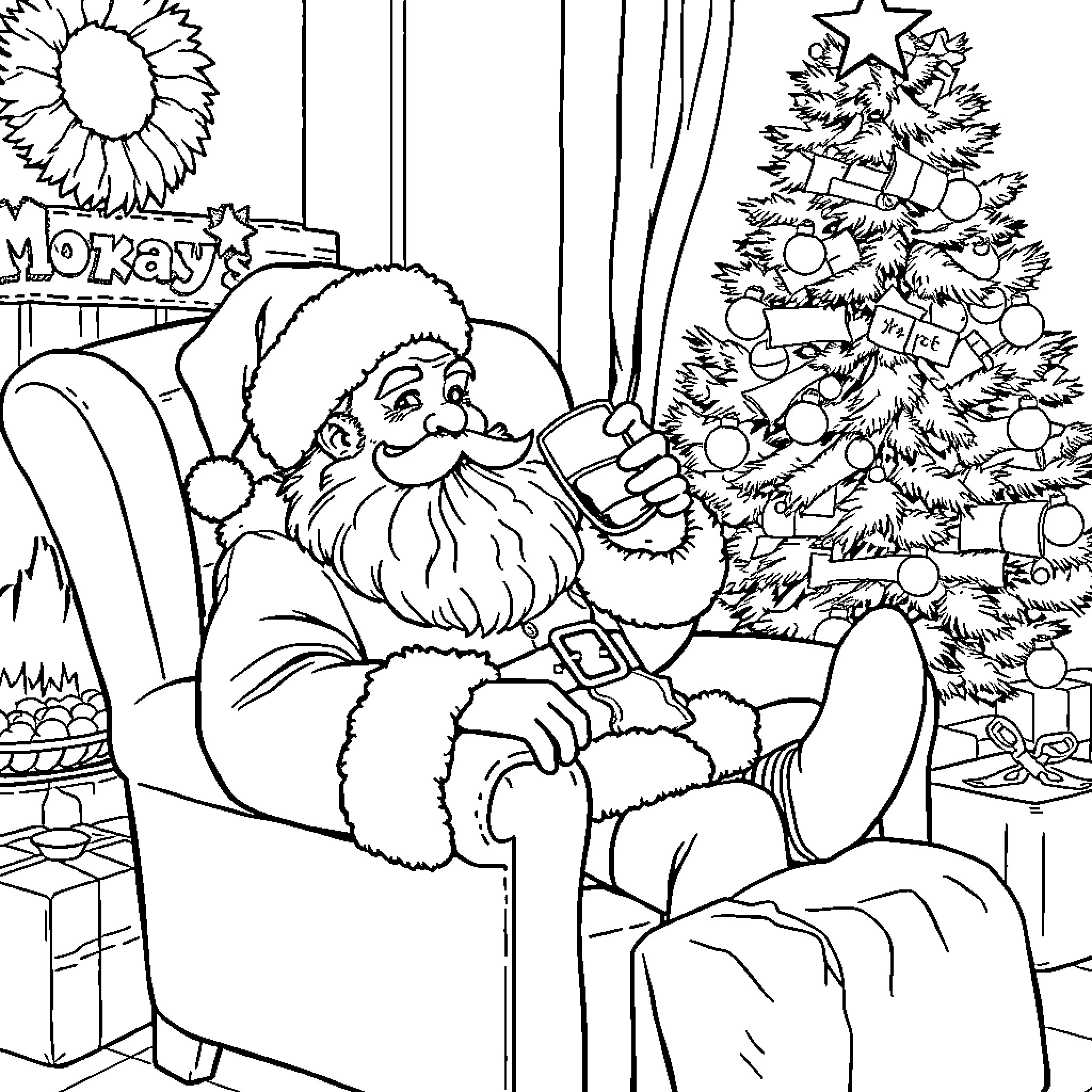 Santa relaxing by the Christmas tree Coloring Page (free black-and-white line drawing printable PDF for all, from beginners to advanced learners, including children, teens, adults, and seniors)