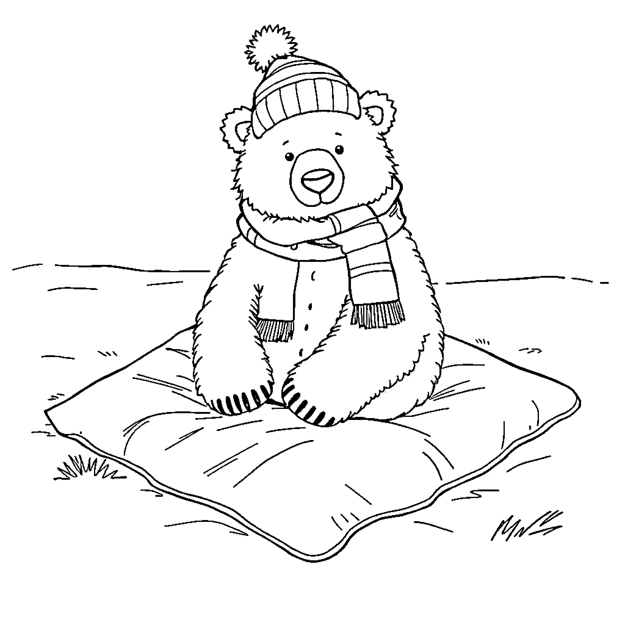 Polar Bear resting comfortably on a cushion Coloring Page (free black-and-white line drawing printable PDF for all, from beginners to advanced learners, including children, teens, adults, and seniors)