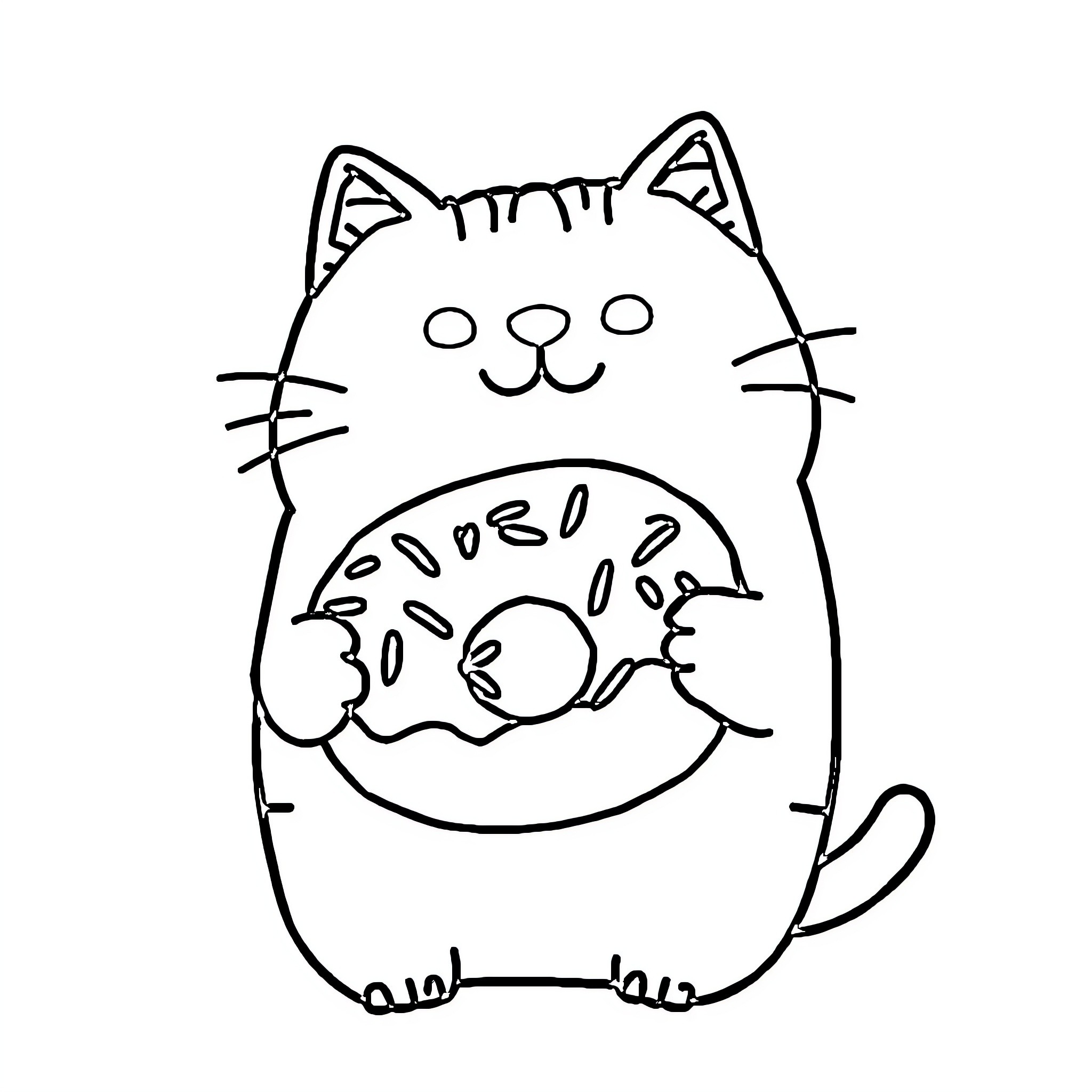 Pusheen cat cuddling a fish Coloring Page (free black-and-white line drawing printable PDF for all, from beginners to advanced learners, including children, teens, adults, and seniors)