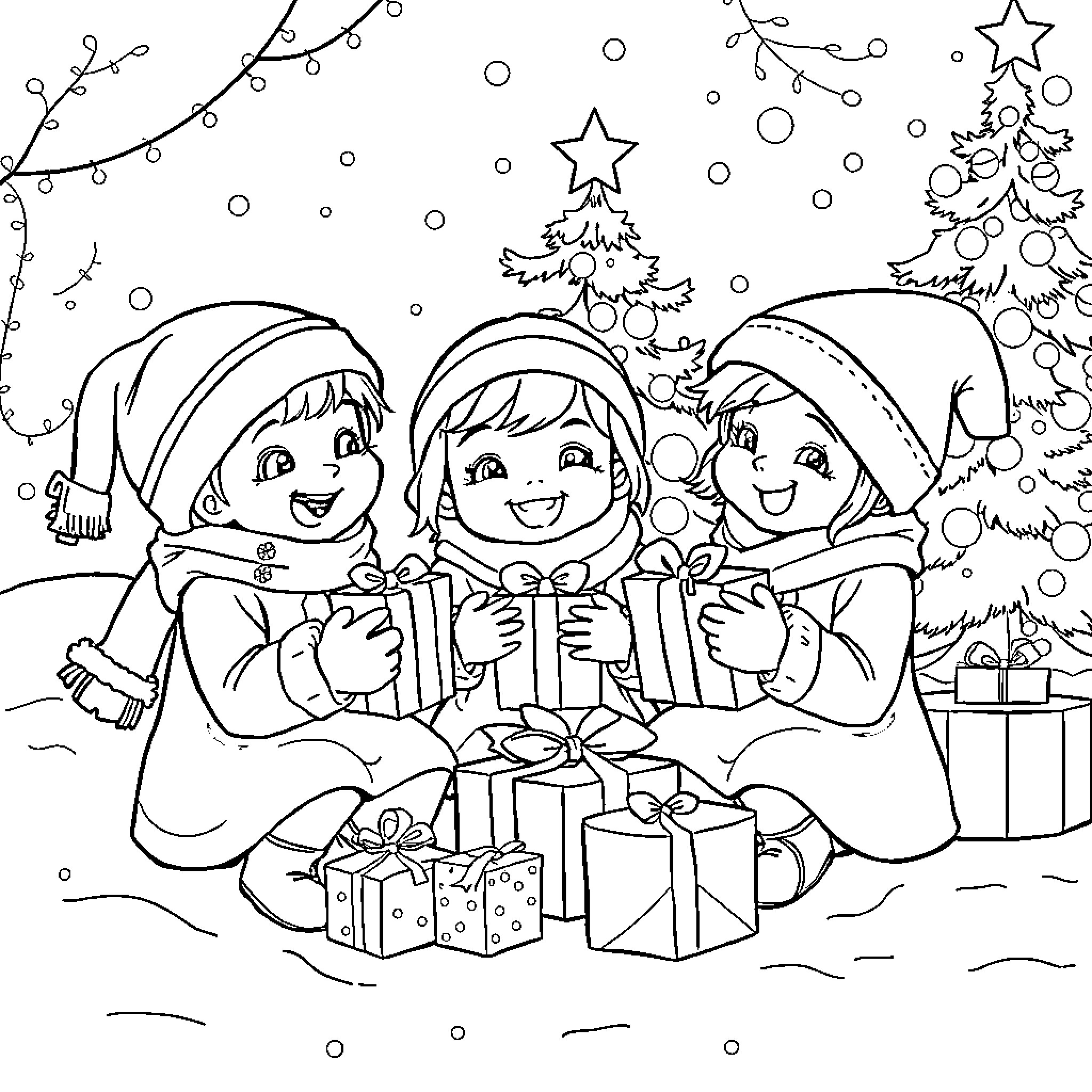 Rumi's Cheerful Christmas Celebration Coloring Page (free black-and-white line drawing printable PDF for all, from beginners to advanced learners, including children, teens, adults, and seniors)