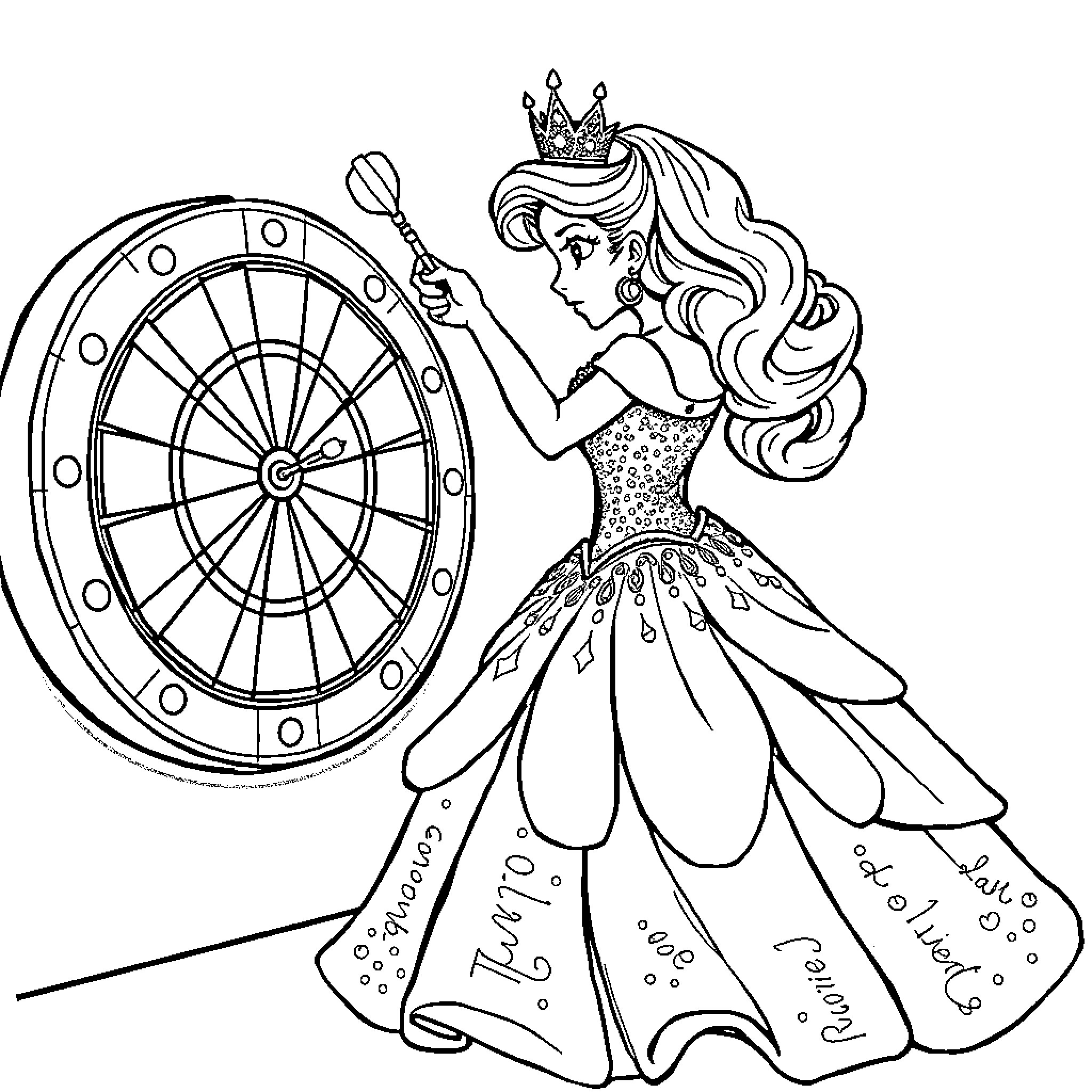 Princess Throwing Dart at Wheel of Fortune Coloring Page (free black-and-white line drawing printable PDF for all, from beginners to advanced learners, including children, teens, adults, and seniors)
