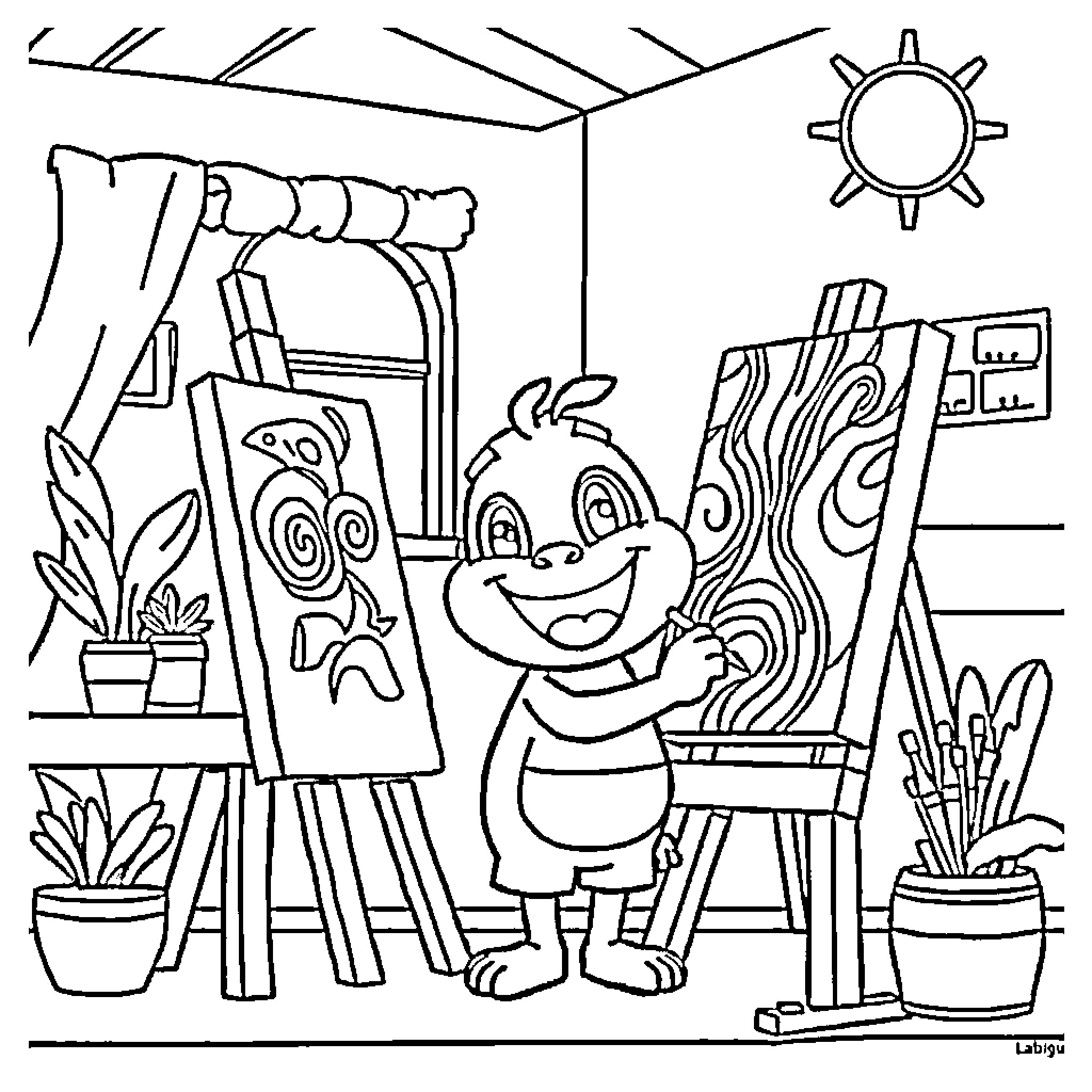 Labubu painting joyfully in the art studio Coloring Page (free black-and-white line drawing printable PDF for all, from beginners to advanced learners, including children, teens, adults, and seniors)