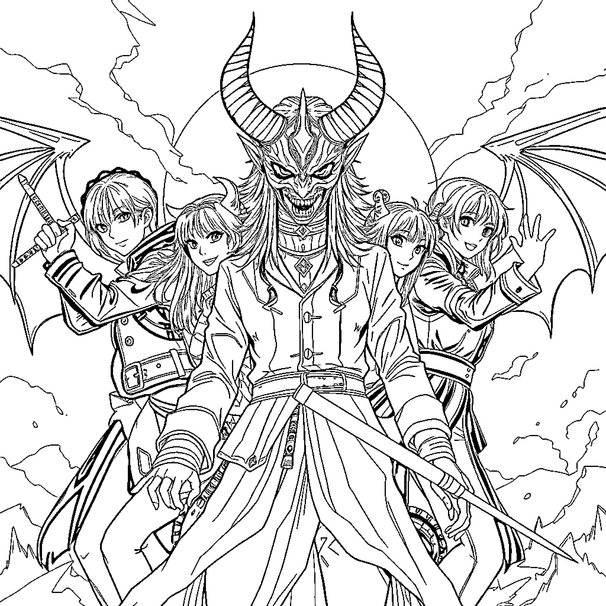 Demon Hunter and the Heroic Squad in Epic Battle Coloring Page (free black-and-white line drawing printable PDF for all, from beginners to advanced learners, including children, teens, adults, and seniors)