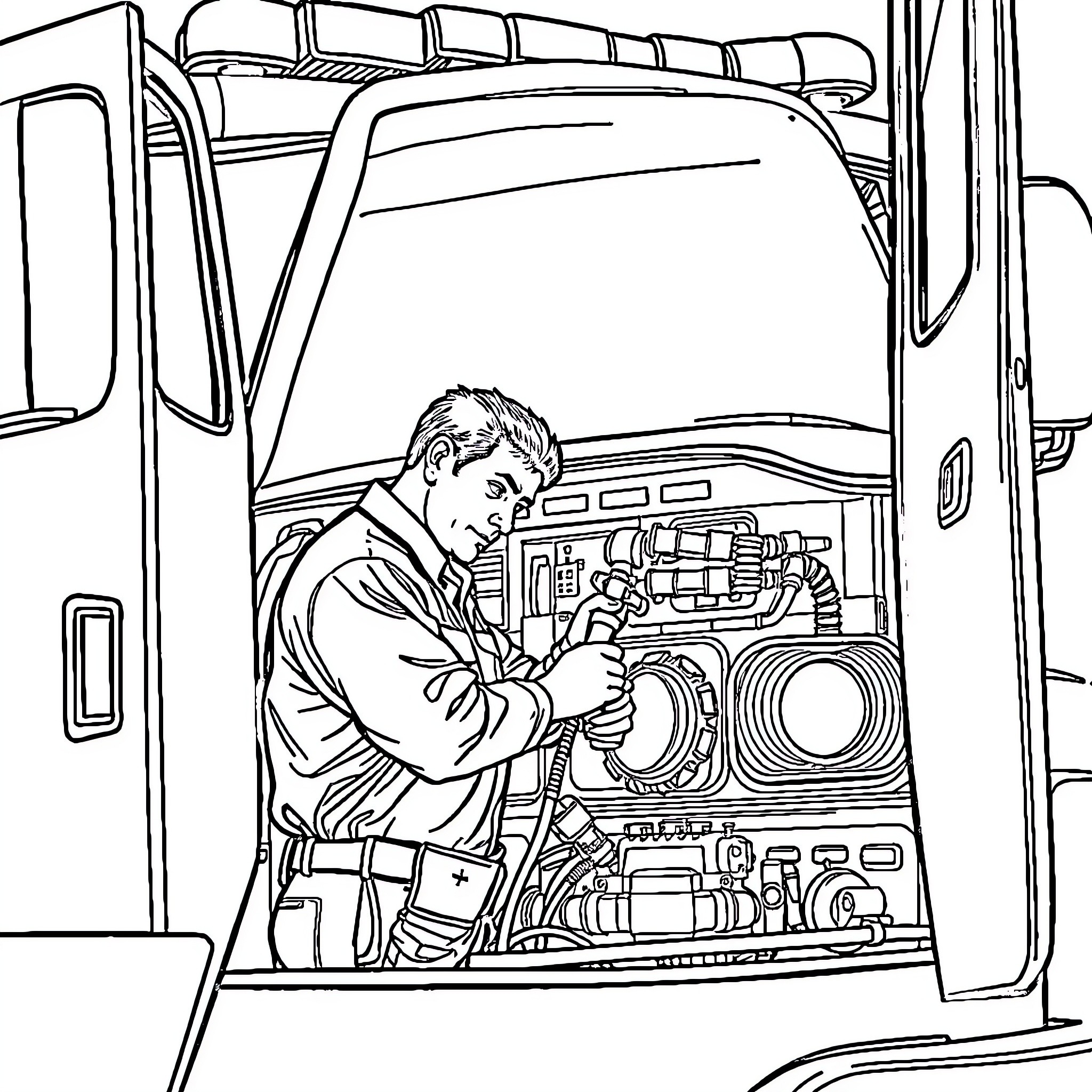 Mechanic repairing vehicle engine in workshop Coloring Page (free black-and-white line drawing printable PDF for all, from beginners to advanced learners, including children, teens, adults, and seniors)