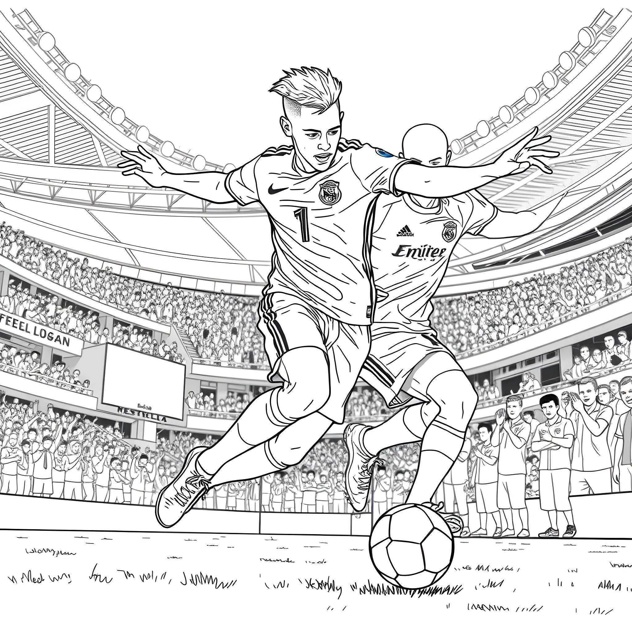Neymar performing a skill in a soccer match Coloring Page (free black-and-white line drawing printable PDF for all, from beginners to advanced learners, including children, teens, adults, and seniors)