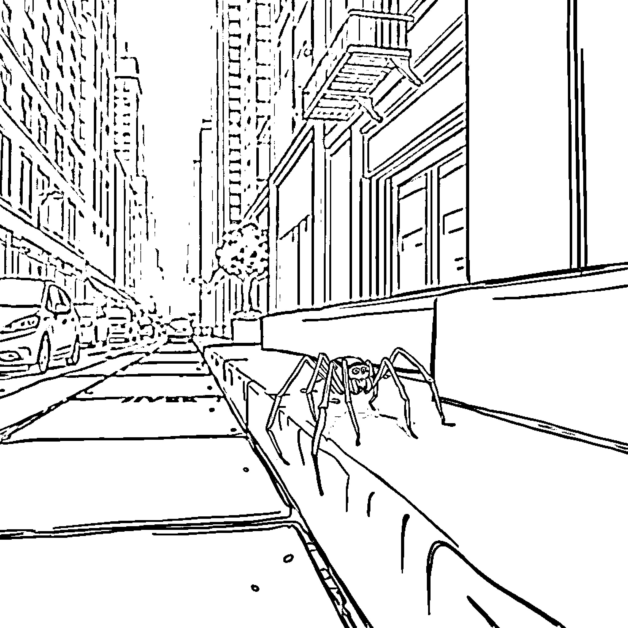 Spider scurrying through the urban city streets Coloring Page (free black-and-white line drawing printable PDF for all, from beginners to advanced learners, including children, teens, adults, and seniors)