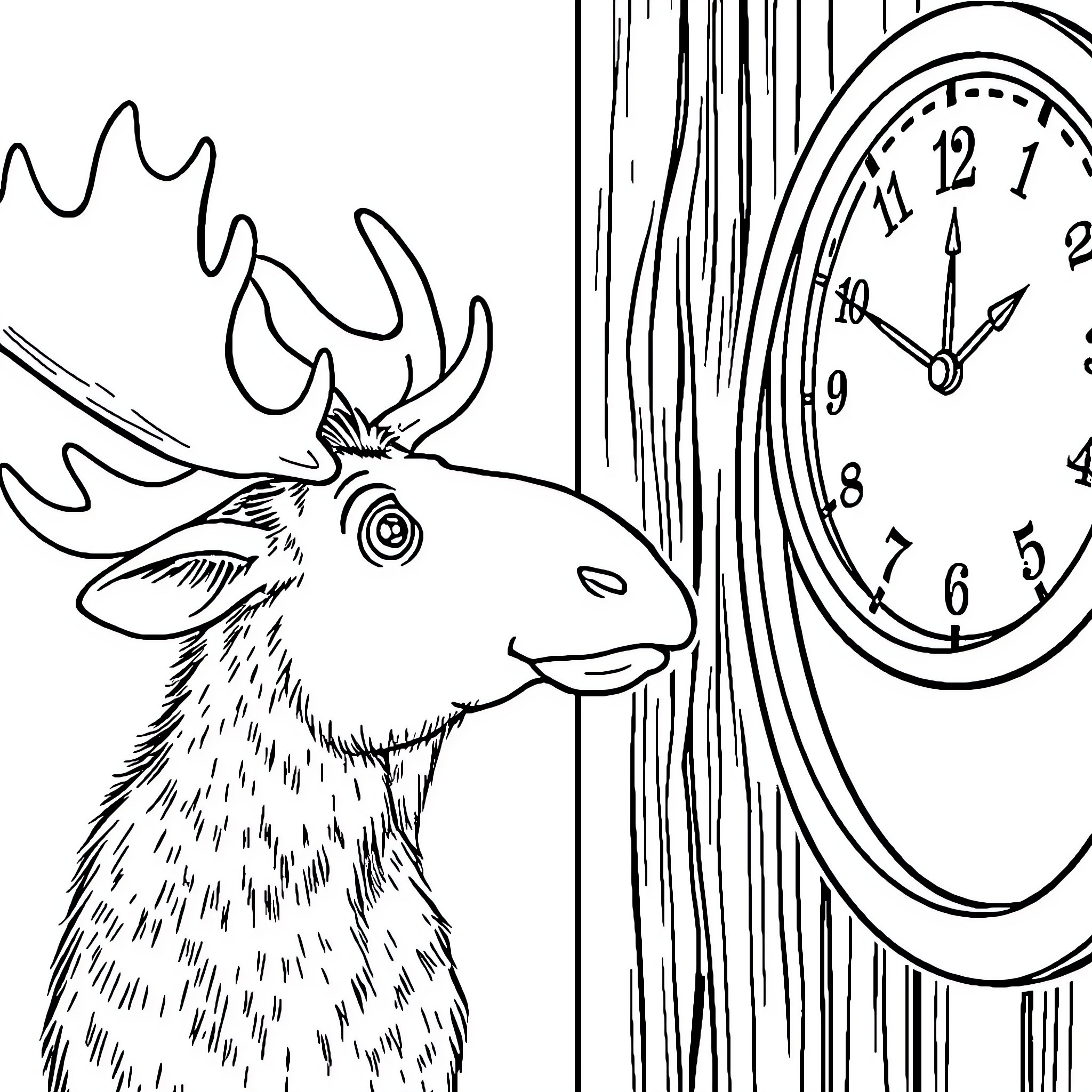 Moose checking the time in the wild Coloring Page (free black-and-white line drawing printable PDF for all, from beginners to advanced learners, including children, teens, adults, and seniors)