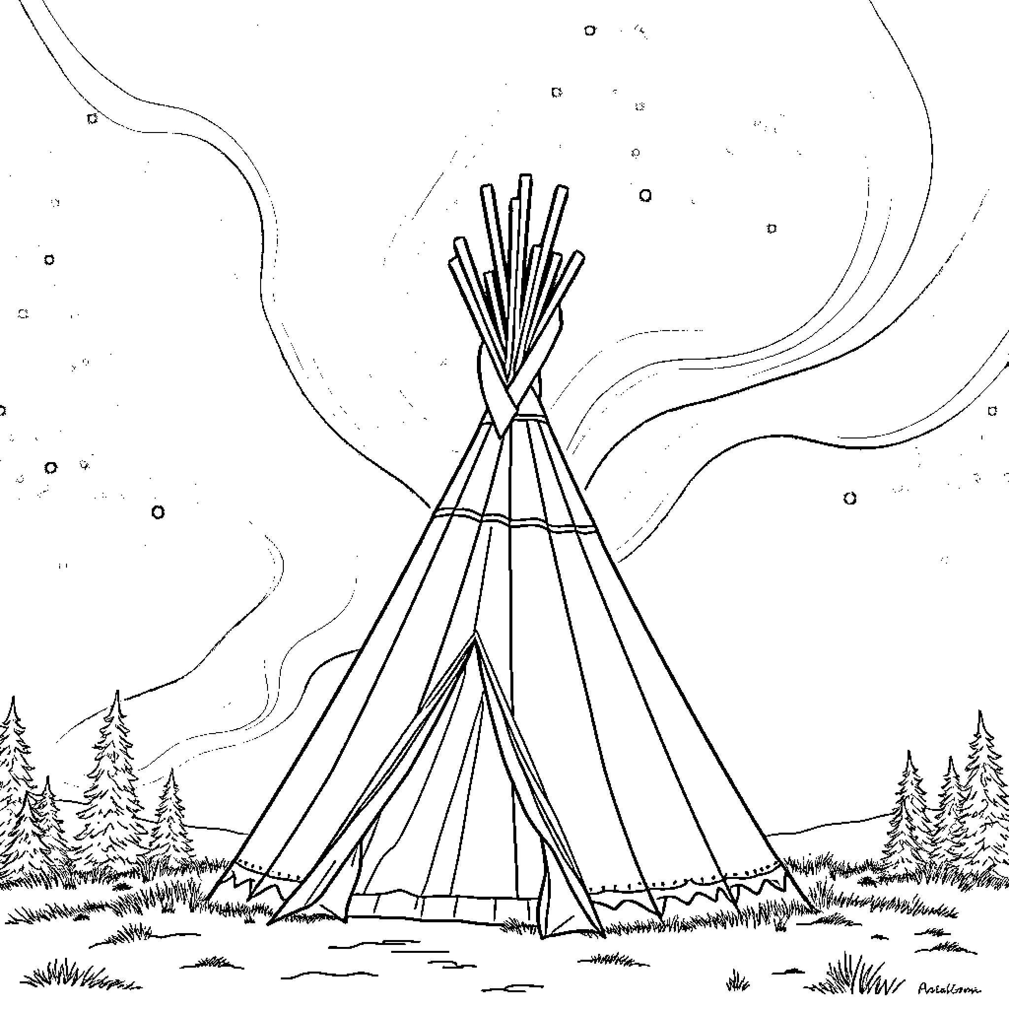 Teepee with Billowing Fabric in Outdoor Landscape Coloring Page (free black-and-white line drawing printable PDF for all, from beginners to advanced learners, including children, teens, adults, and seniors)
