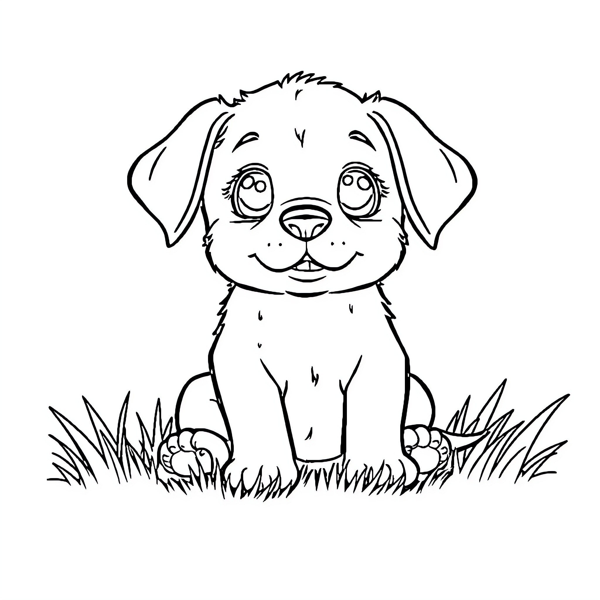 Puppy sitting in the grass Coloring Page (free black-and-white line drawing printable PDF for all, from beginners to advanced learners, including children, teens, adults, and seniors)