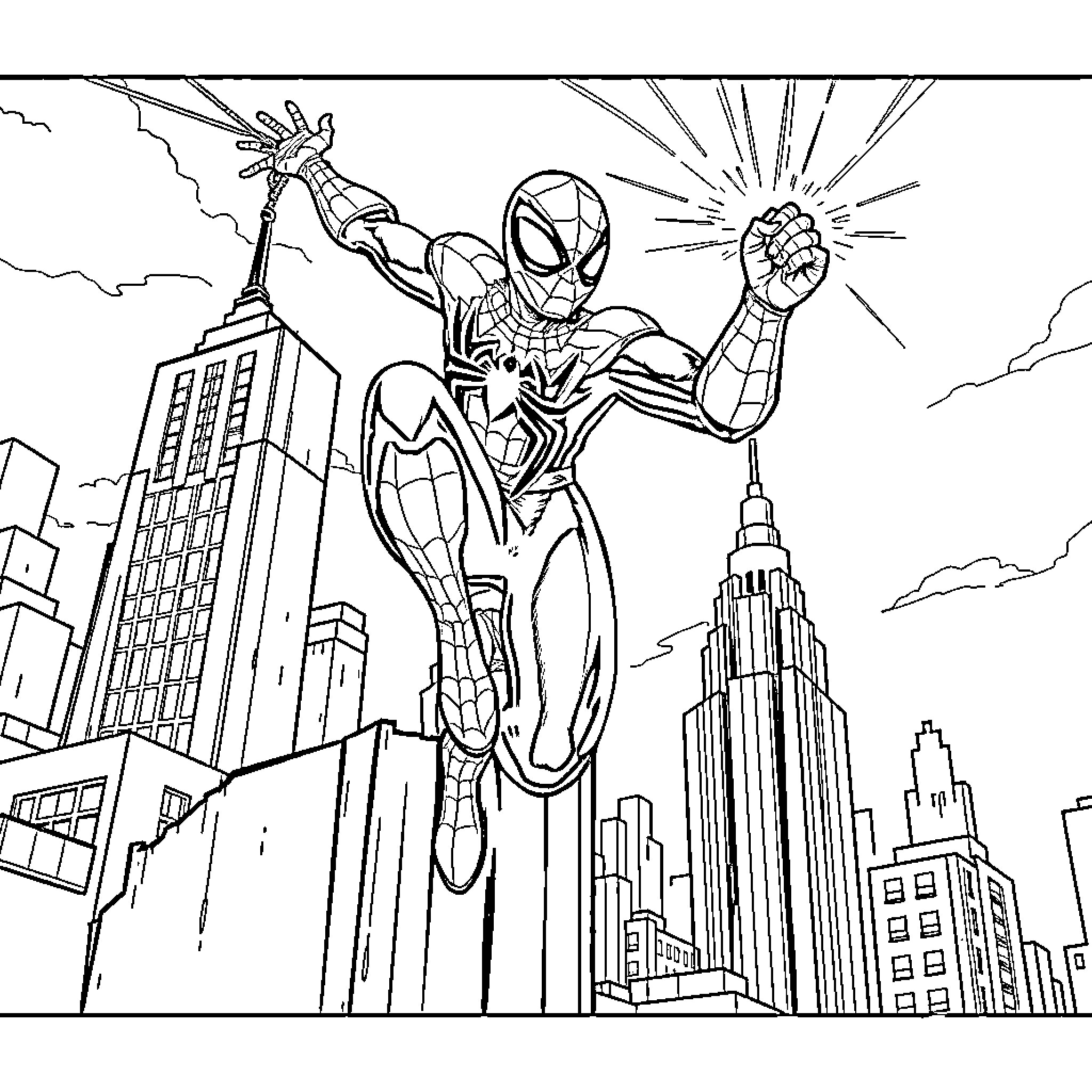 Spiderman scaling skyscrapers and swinging heroically Coloring Page (free black-and-white line drawing printable PDF for all, from beginners to advanced learners, including children, teens, adults, and seniors)