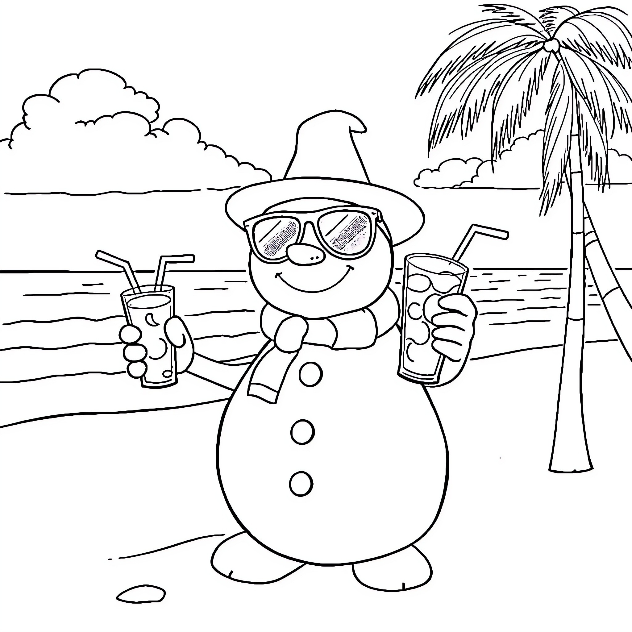 Snowman enjoying tropical vacation with drinks Coloring Page (free black-and-white line drawing printable PDF for all, from beginners to advanced learners, including children, teens, adults, and seniors)
