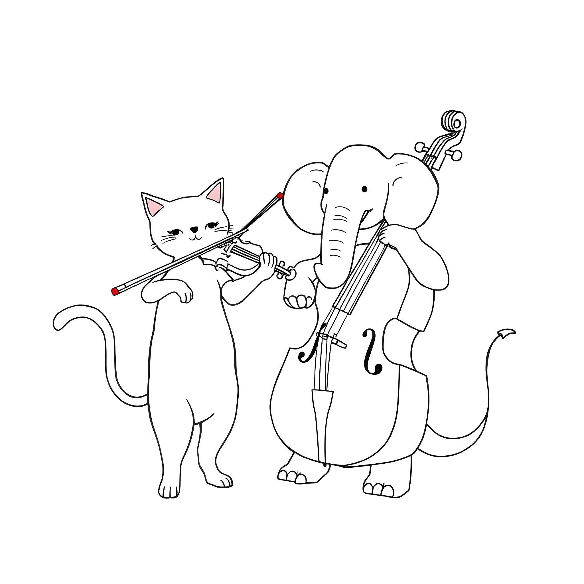 String Instrument Players Entertaining with Musical Performance Coloring Page (free black-and-white line drawing printable PDF for all, from beginners to advanced learners, including children, teens, adults, and seniors)