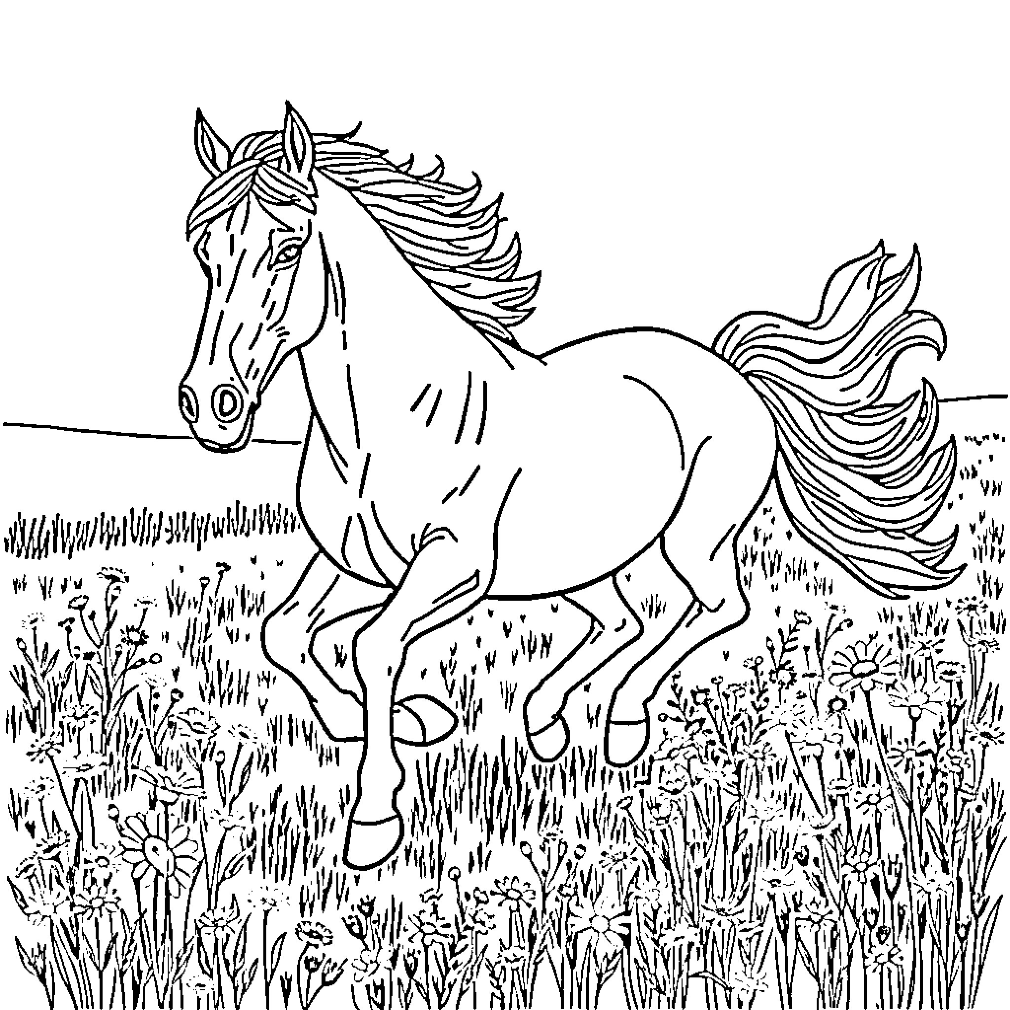 Horse galloping through a meadow Coloring Page (free black-and-white line drawing printable PDF for all, from beginners to advanced learners, including children, teens, adults, and seniors)