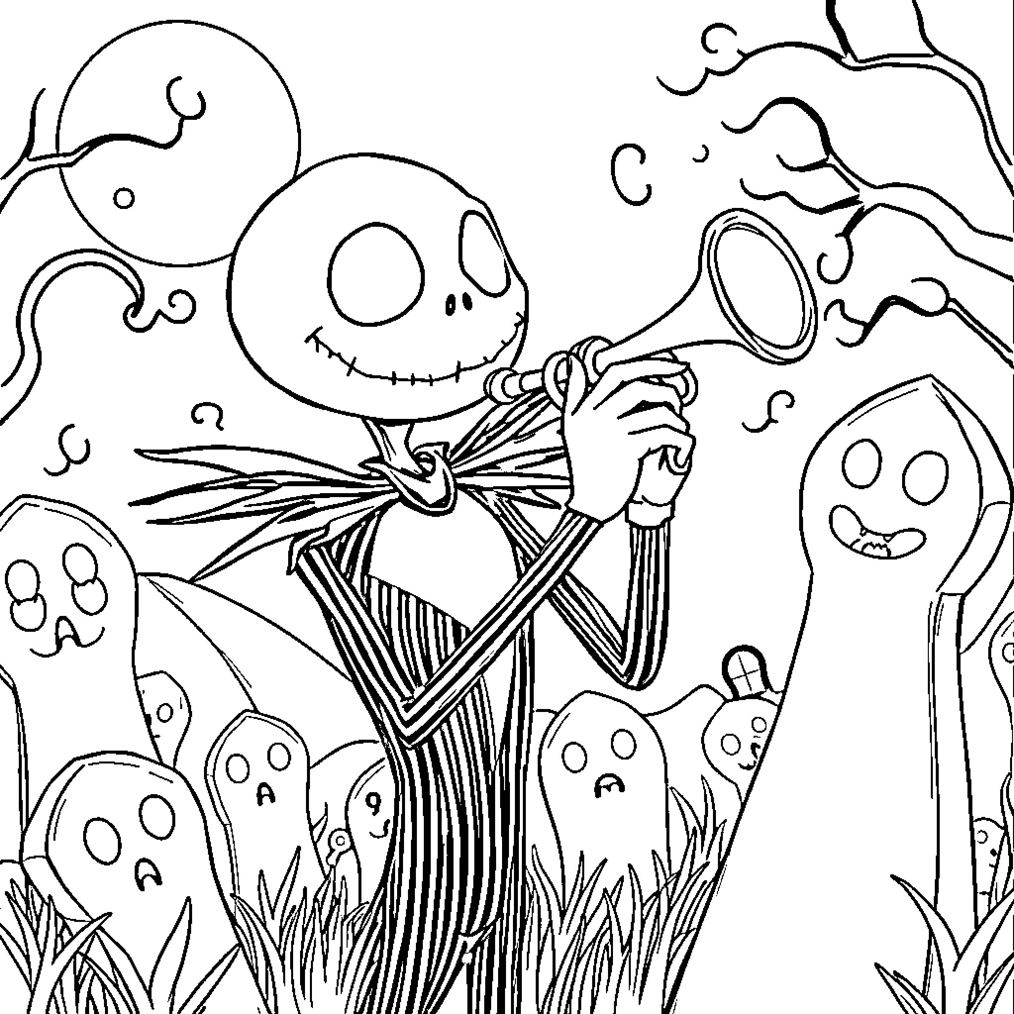 Jack Skellington surrounded by friendly ghosts in a whimsical scene Coloring Page (free black-and-white line drawing printable PDF for all, from beginners to advanced learners, including children, teens, adults, and seniors)