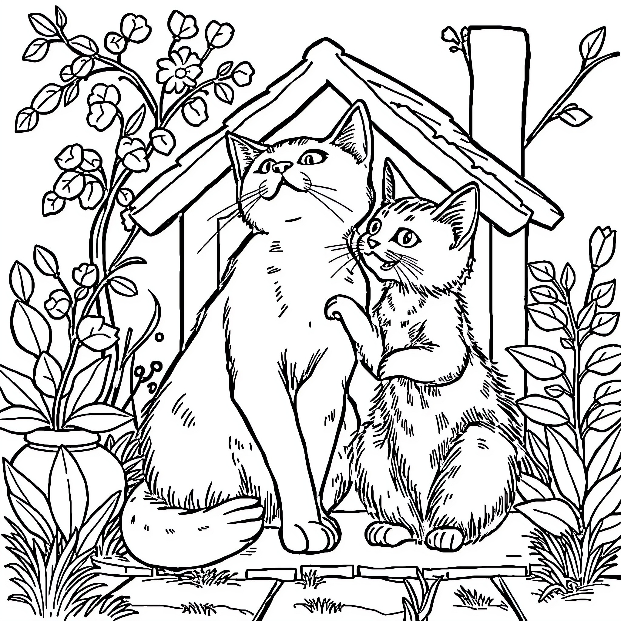 Cats relaxing in a cozy cottage with floral decor Coloring Page (free black-and-white line drawing printable PDF for all, from beginners to advanced learners, including children, teens, adults, and seniors)