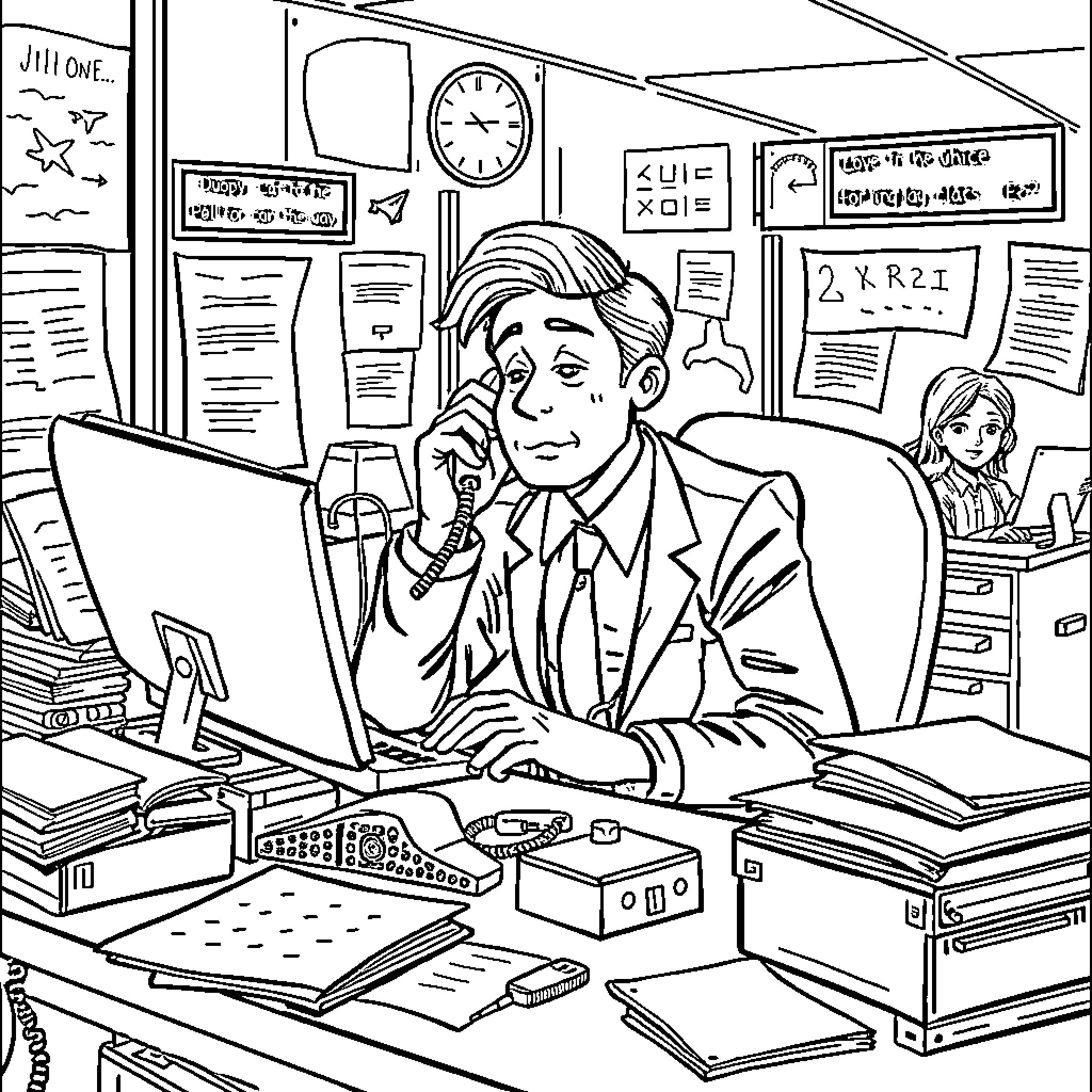 Travel Agent Assisting Customers in a Busy Office Coloring Page (free black-and-white line drawing printable PDF for all, from beginners to advanced learners, including children, teens, adults, and seniors)