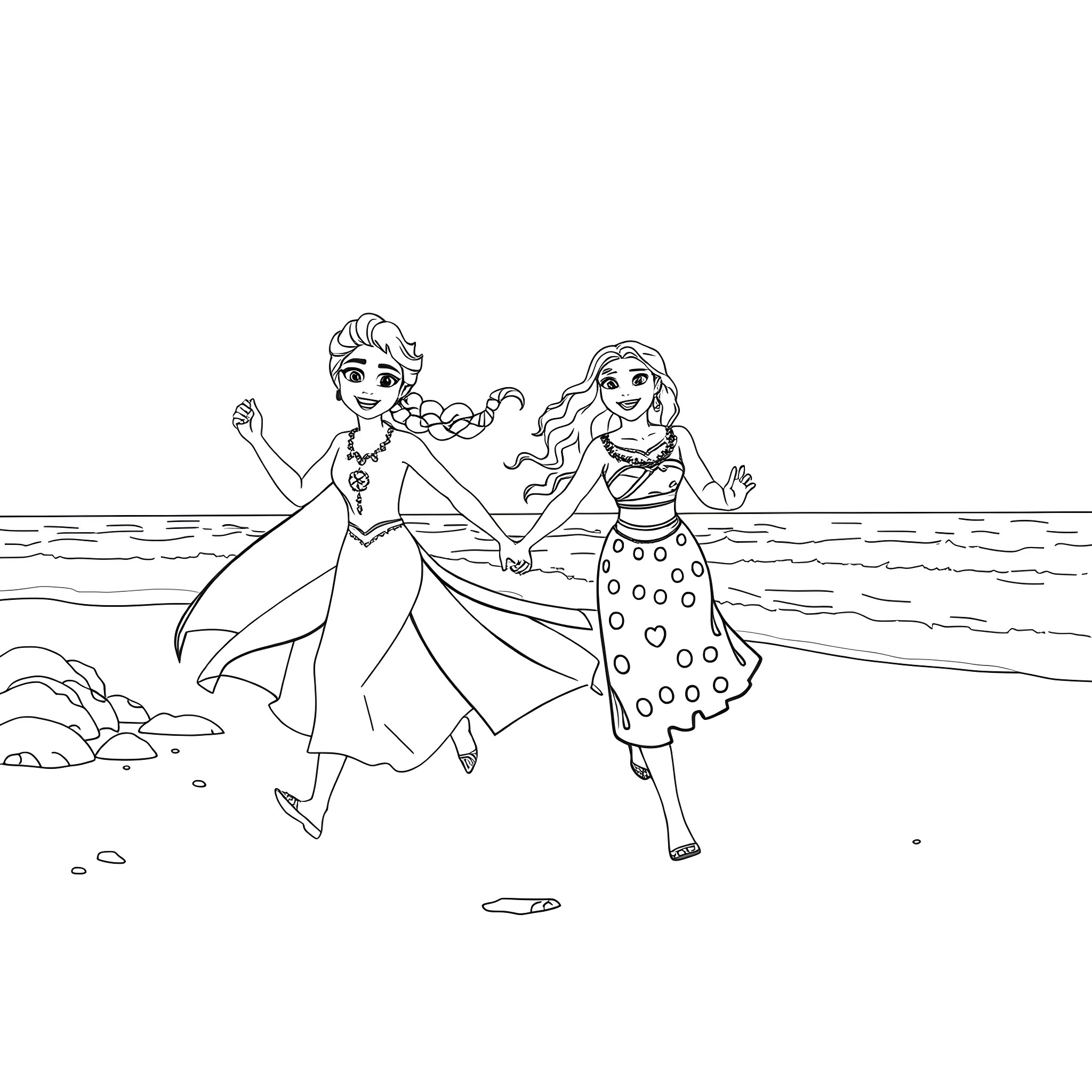Elsa and Anna playing joyfully on the beach Coloring Page (free black-and-white line drawing printable PDF for all, from beginners to advanced learners, including children, teens, adults, and seniors)