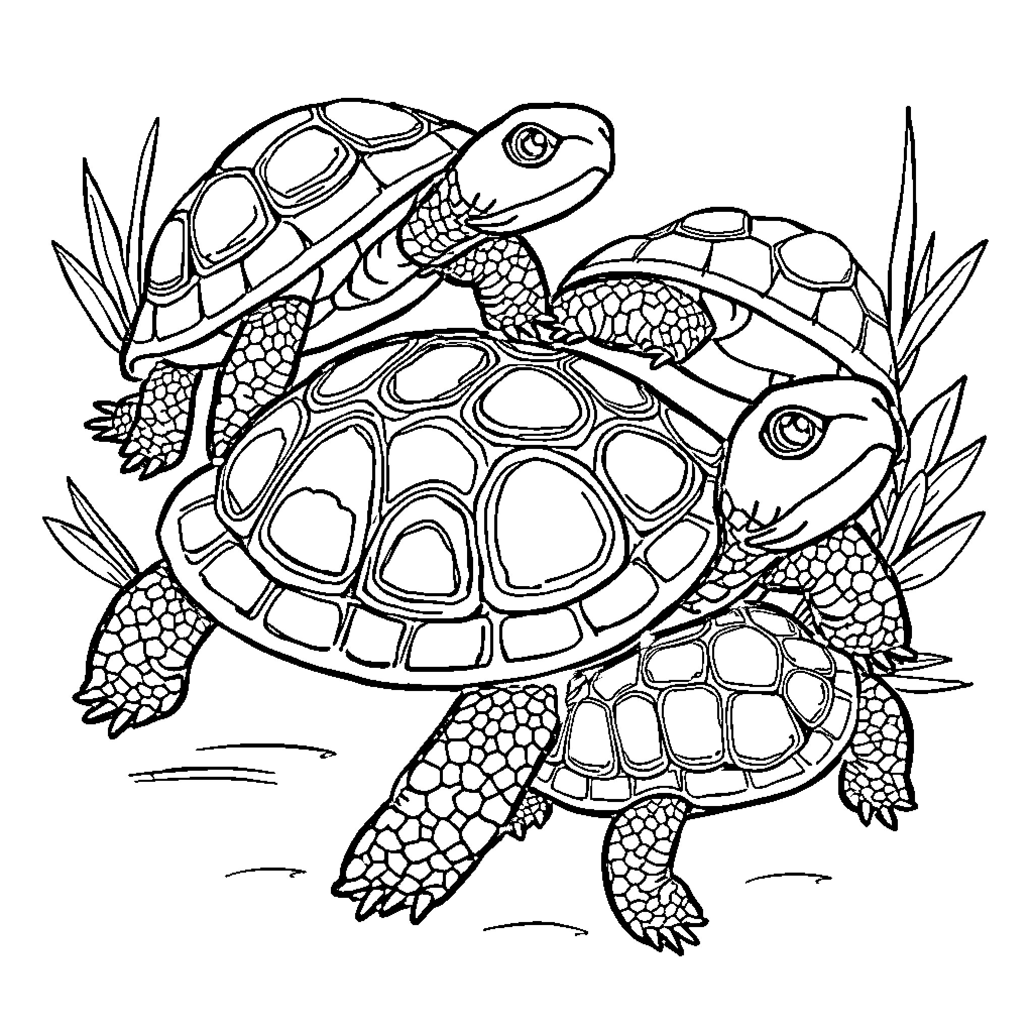 Turtle couple strolling through the garden Coloring Page (free black-and-white line drawing printable PDF for all, from beginners to advanced learners, including children, teens, adults, and seniors)