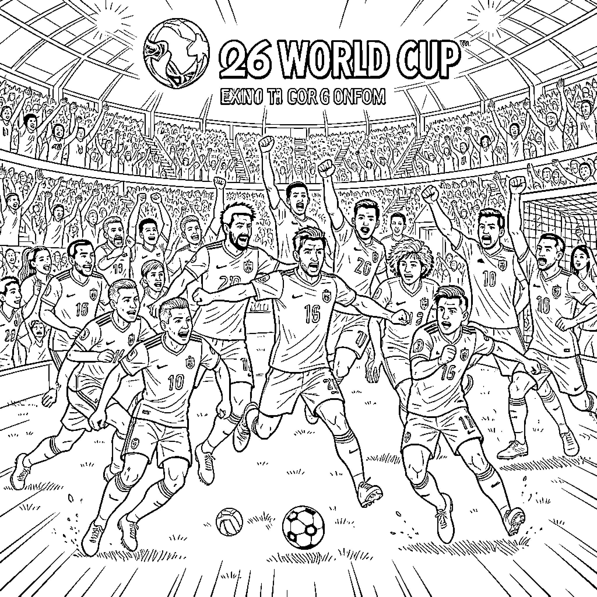 Soccer Players Celebrating World Cup Victory in Stadium Coloring Page (free black-and-white line drawing printable PDF for all, from beginners to advanced learners, including children, teens, adults, and seniors)