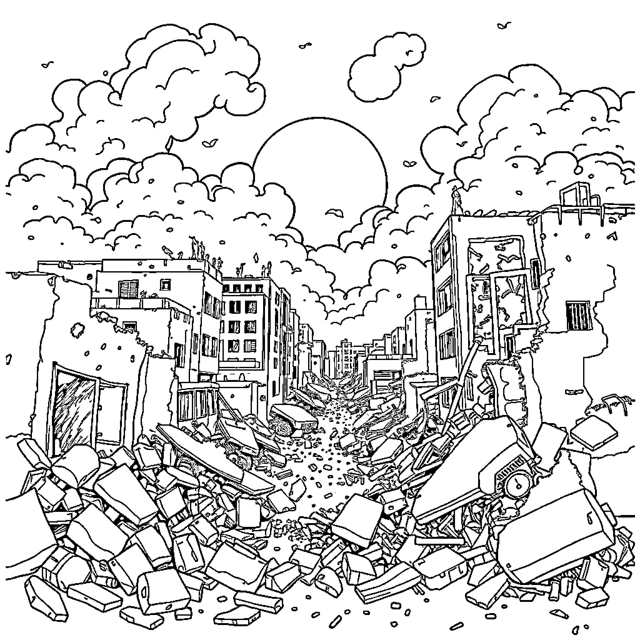 Destruction in the Aftermath of Chaos Coloring Page (free black-and-white line drawing printable PDF for all, from beginners to advanced learners, including children, teens, adults, and seniors)