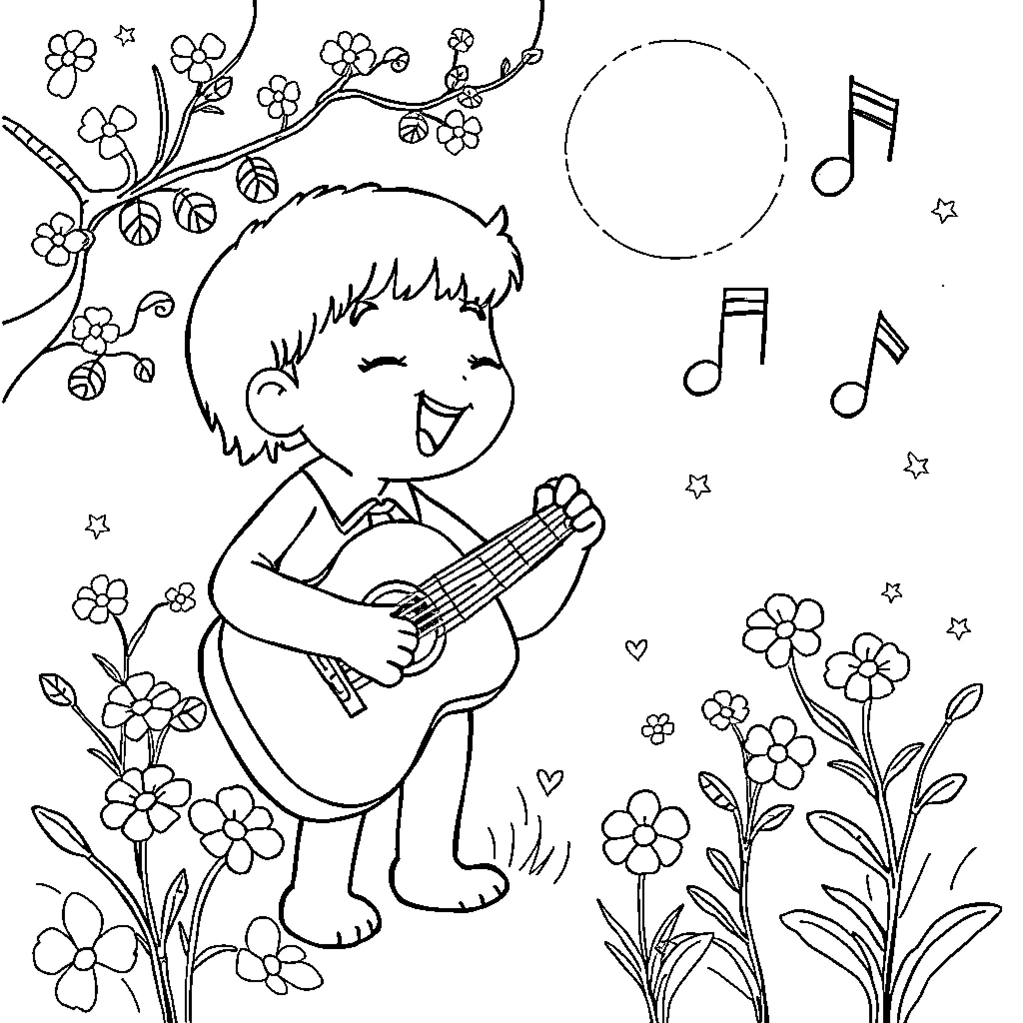 Tralalero Joyful Music in the Flowery Field Coloring Page (free black-and-white line drawing printable PDF for all, from beginners to advanced learners, including children, teens, adults, and seniors)
