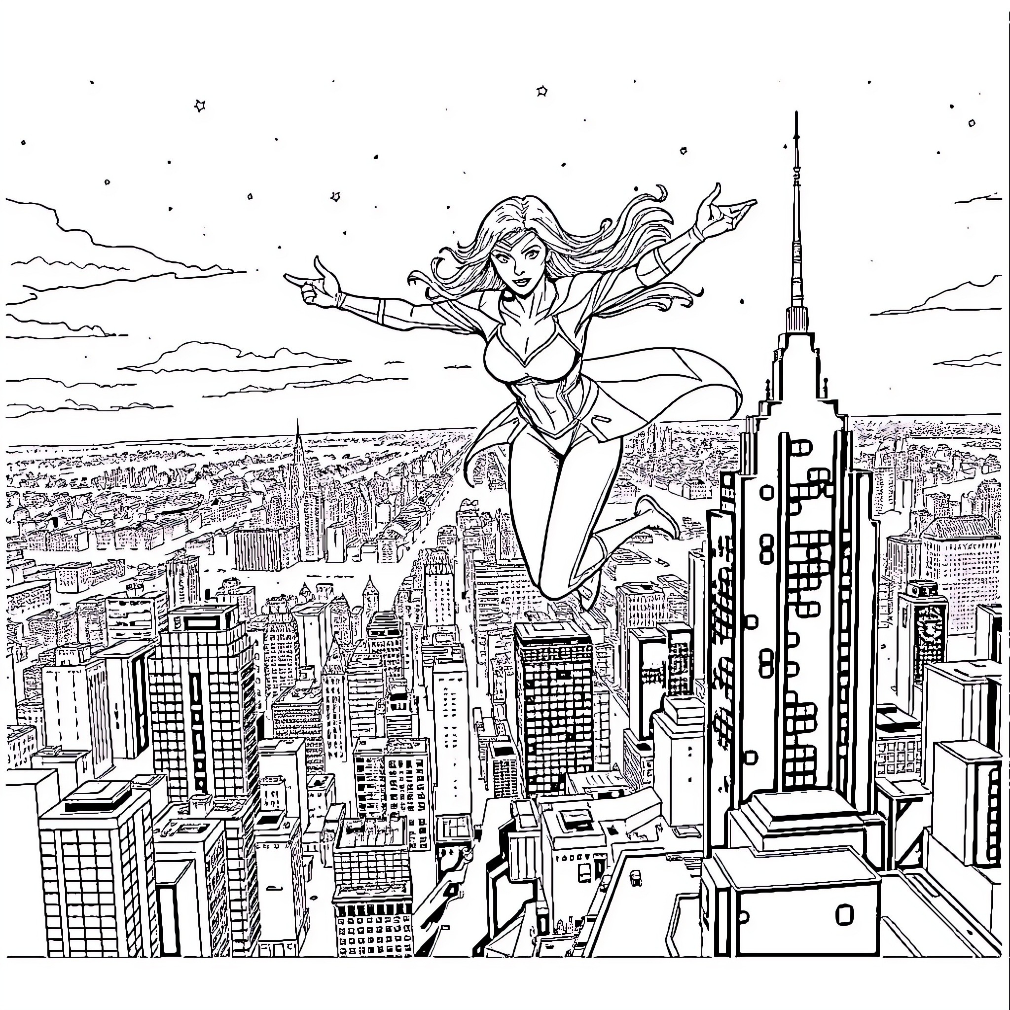 Scarlet Witch soaring over the city skyline Coloring Page (free black-and-white line drawing printable PDF for all, from beginners to advanced learners, including children, teens, adults, and seniors)
